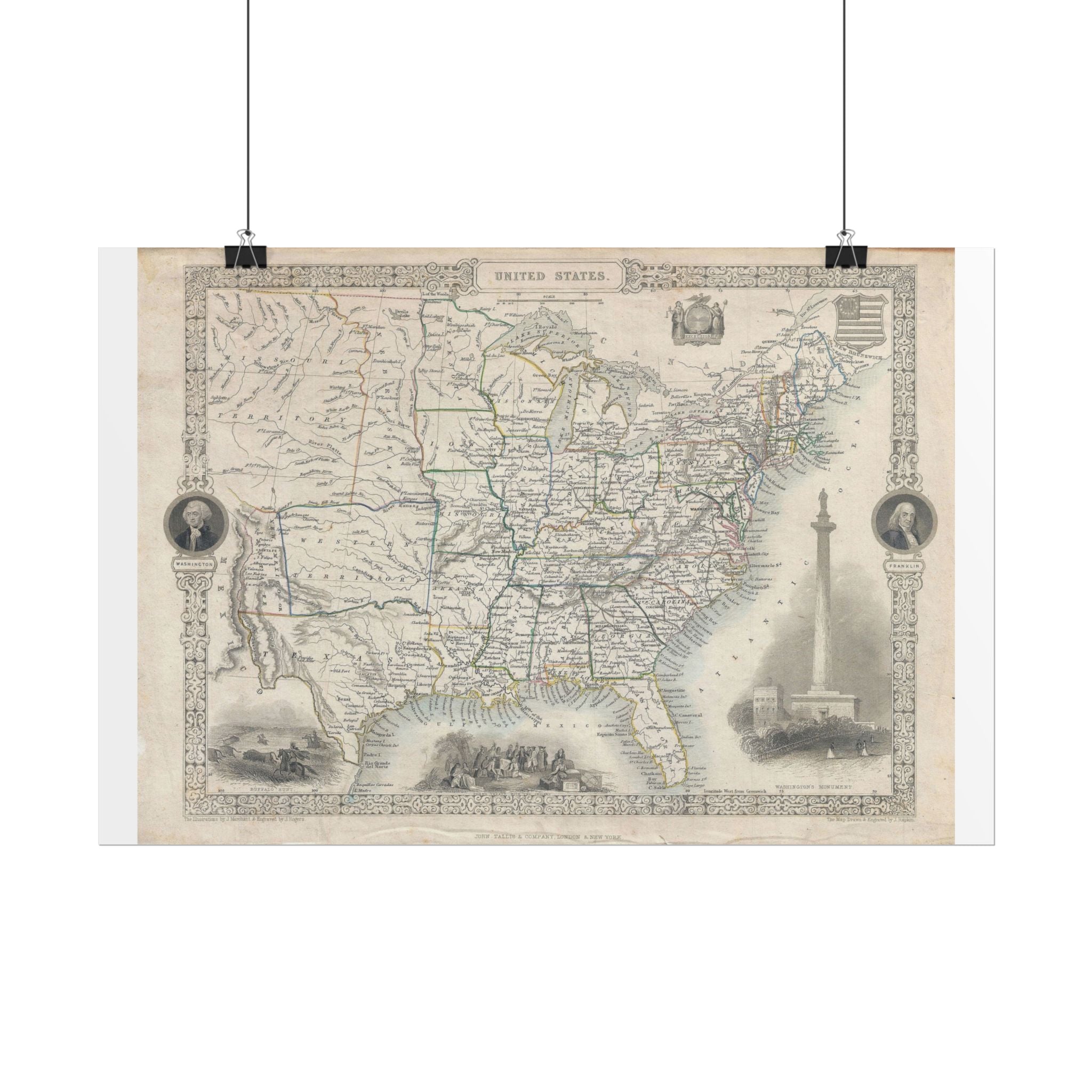 United States of America Historic Map (c. 1851) Rolled Poster | Vintage Map Wall Art