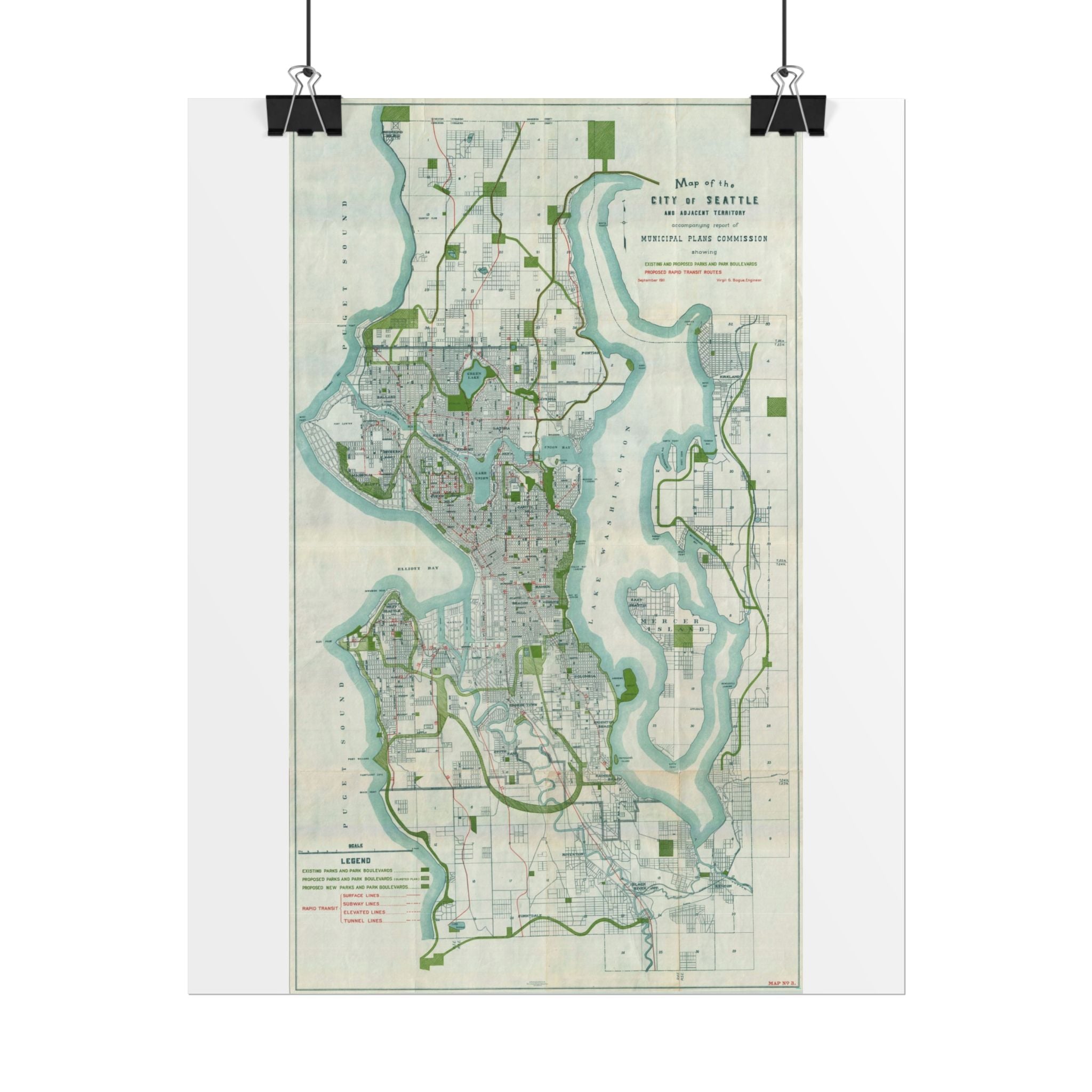 Seattle, Washington (c. 1911) Historic City Map Rolled Poster | Vintage Map Wall Art