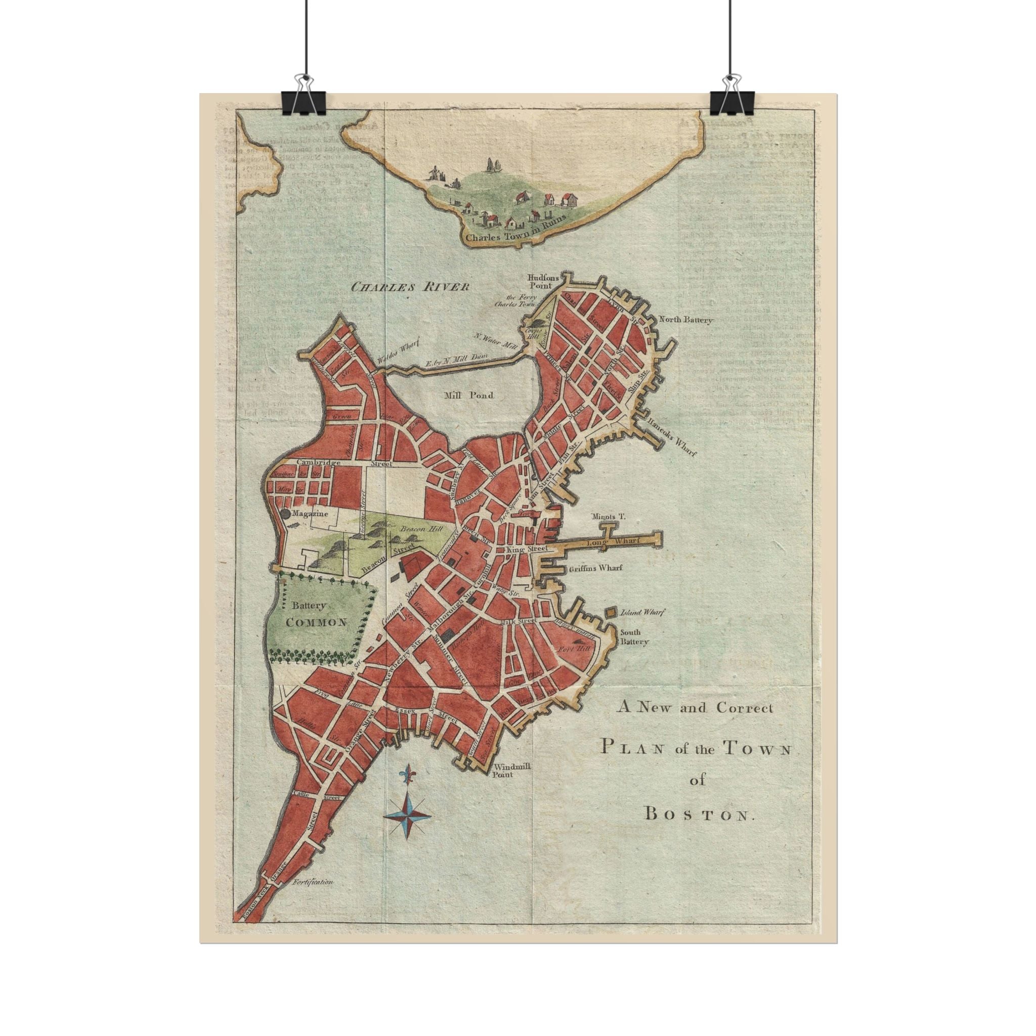 Boston, Massachusetts (c. 1775) Historic City Map Rolled Poster | Vintage Map Wall Art