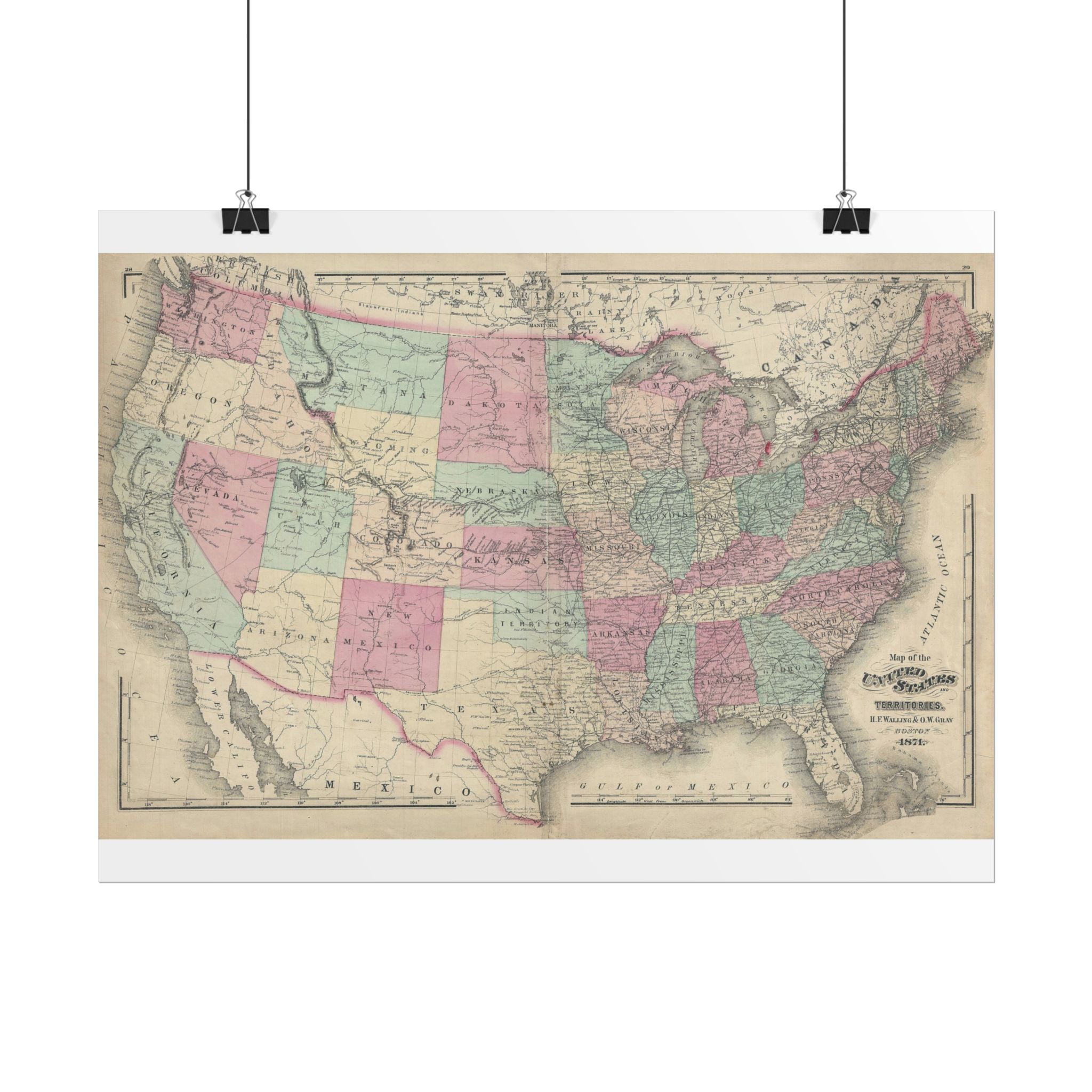 United States of America Historic Map (c. 1871) Rolled Poster | Vintage Map Wall Art