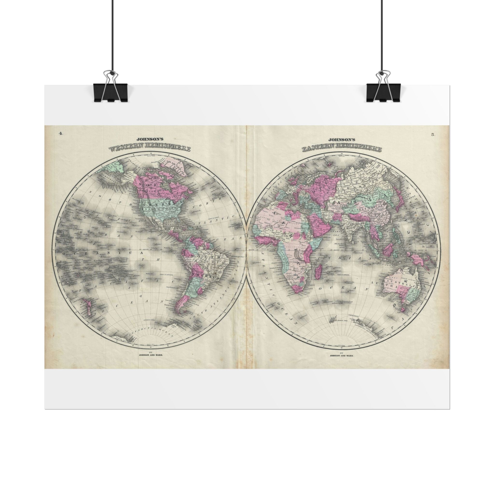 The World Atlas Hemispheres Historic Map (c. 1863) Rolled Poster | Antique Map Wall Art