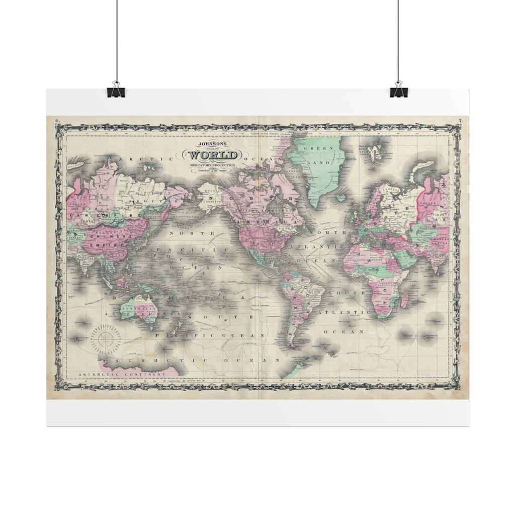 The World Atlas Mercator's Projection Historic Map (c. 1863) Rolled Poster | Antique Map Wall Art