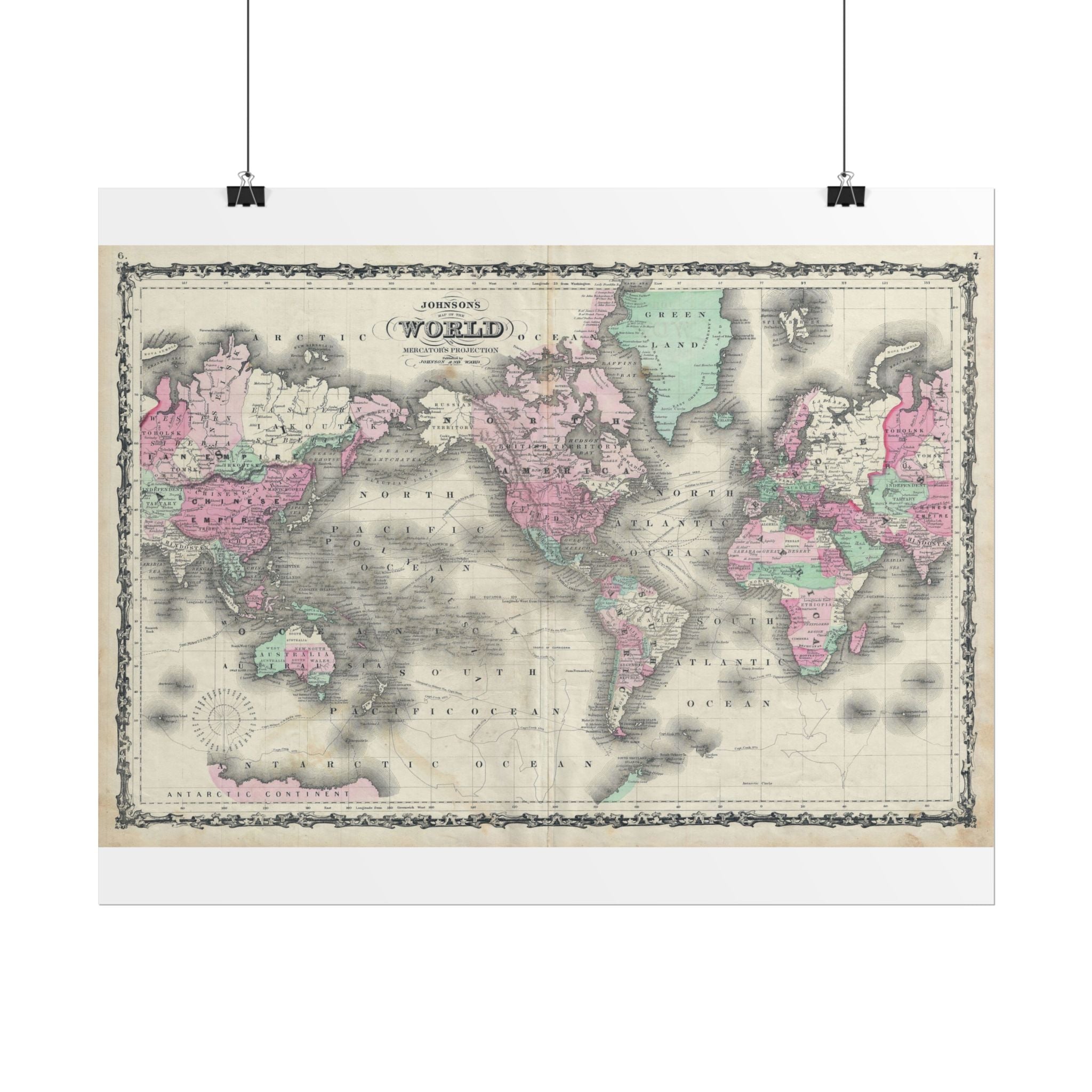 The World Atlas Mercator's Projection Historic Map (c. 1863) Rolled Poster | Antique Map Wall Art