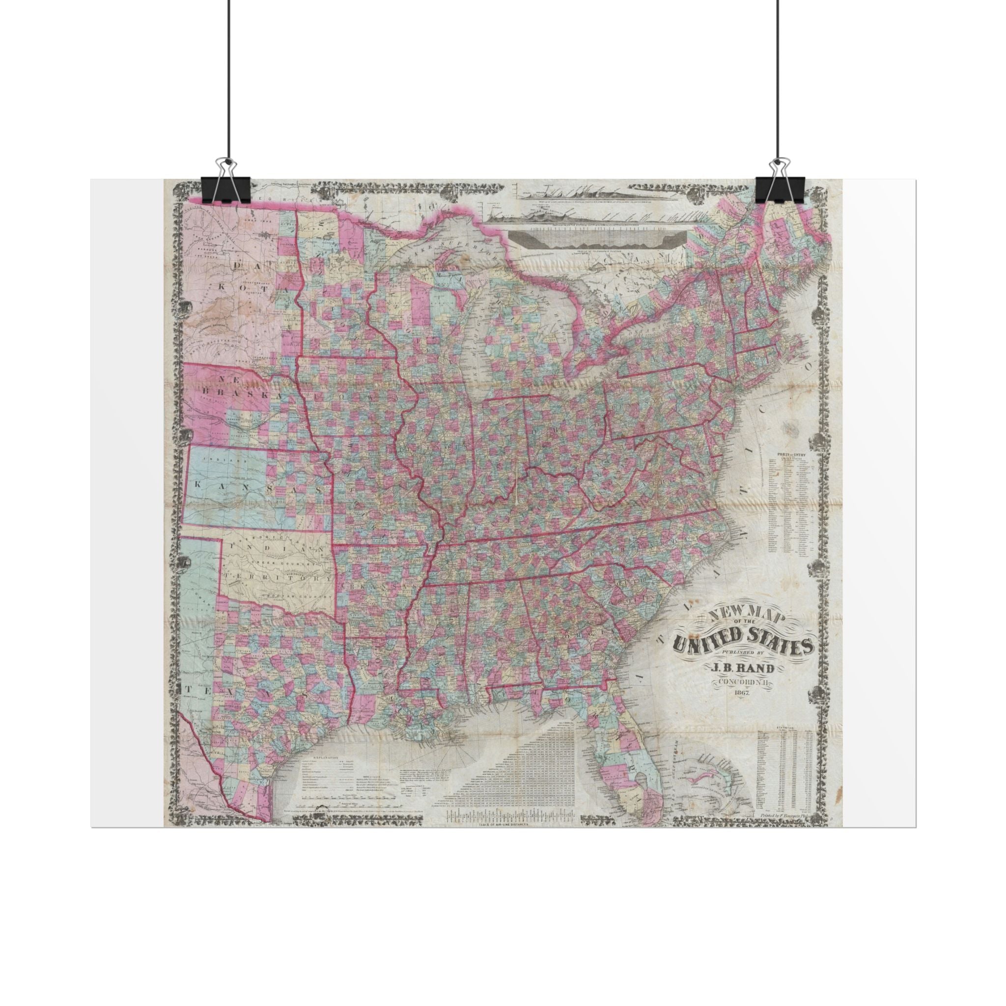 United States of America Historic Map (c. 1867) Rolled Poster | Vintage Map Wall Art