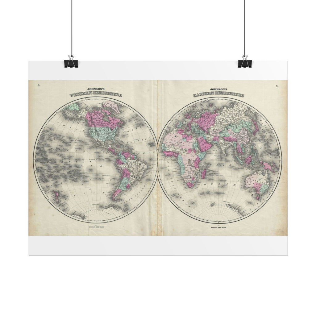 The World Atlas Hemispheres Historic Map (c. 1863) Rolled Poster | Antique Map Wall Art