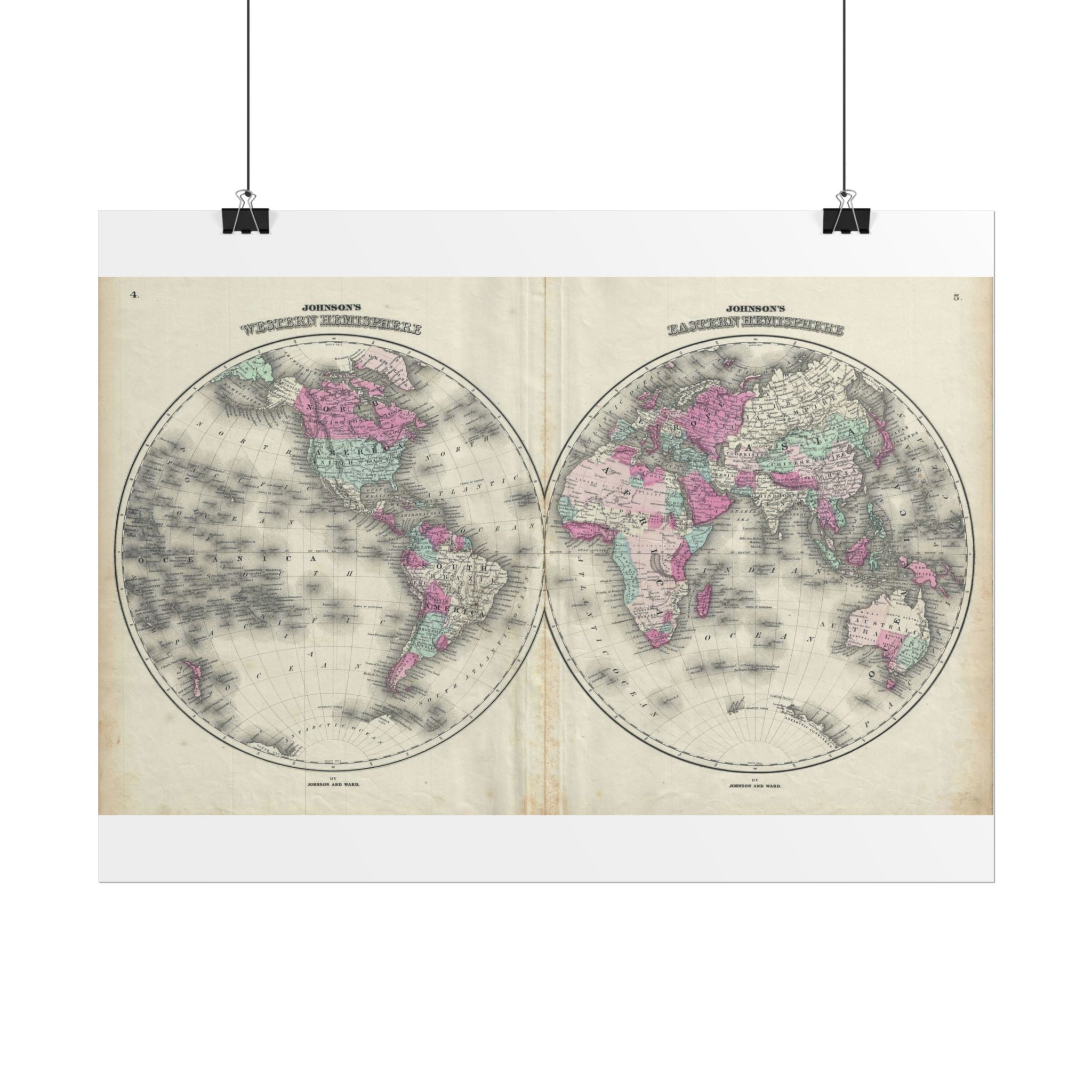 The World Atlas Hemispheres Historic Map (c. 1863) Rolled Poster | Antique Map Wall Art