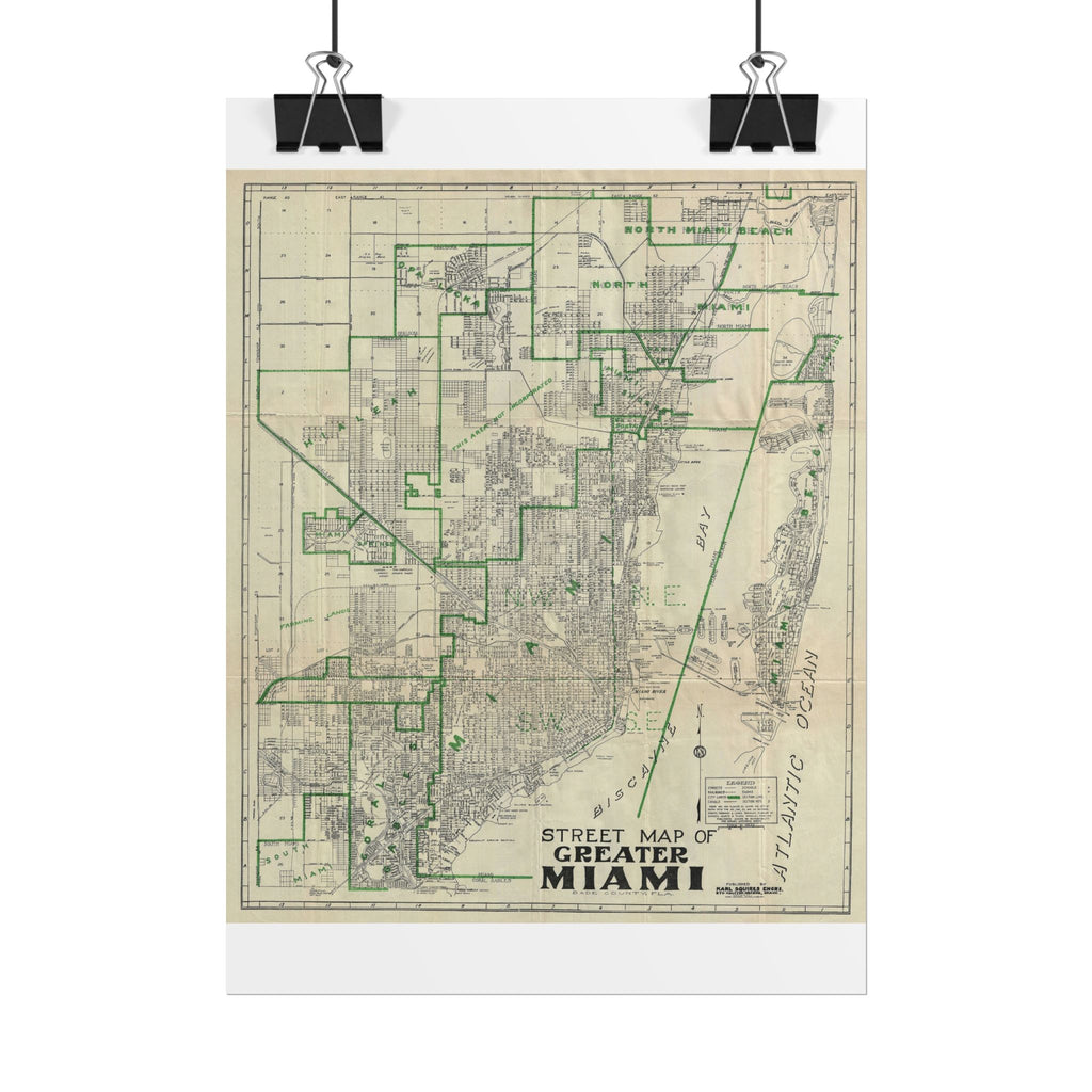 Miami, Florida (c. 1945) Historic City Map Rolled Poster | Antique Map Wall Art