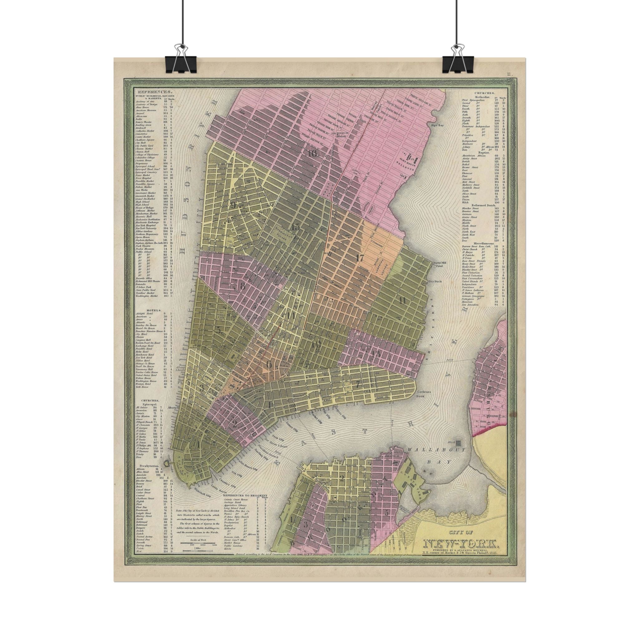 New York City (c. 1846) Historic City Map Rolled Poster | Vintage Map Wall Art