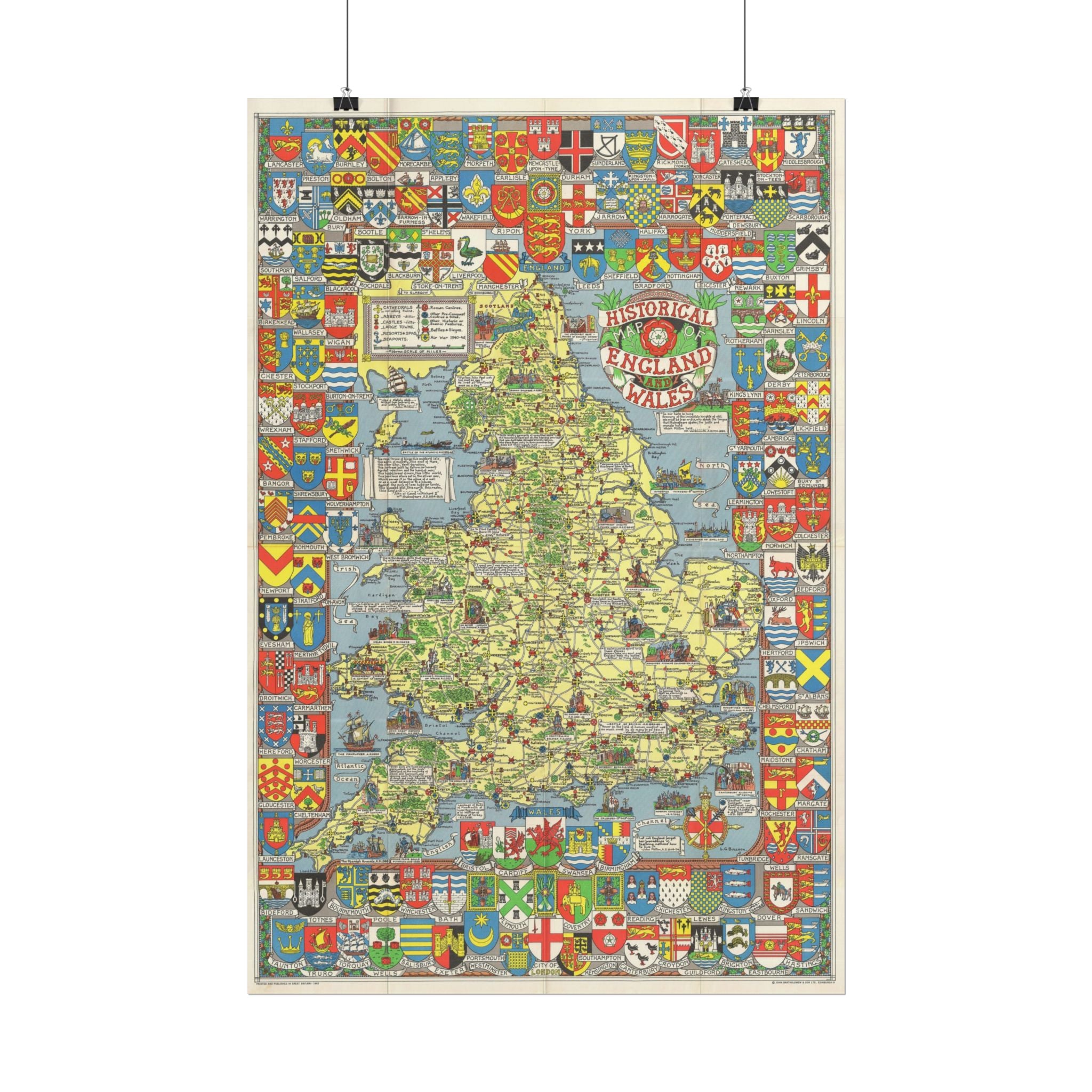 England & Wales Historic Pictorial Map (c. 1963) Rolled Poster | Vintage Map Wall Art