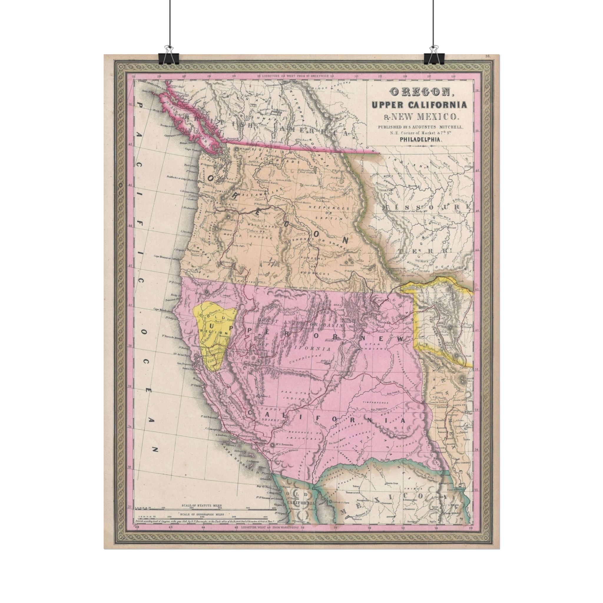 California & Oregon Gold Rush Historic Map (c. 1849) Rolled Poster | Antique State Map Wall Art