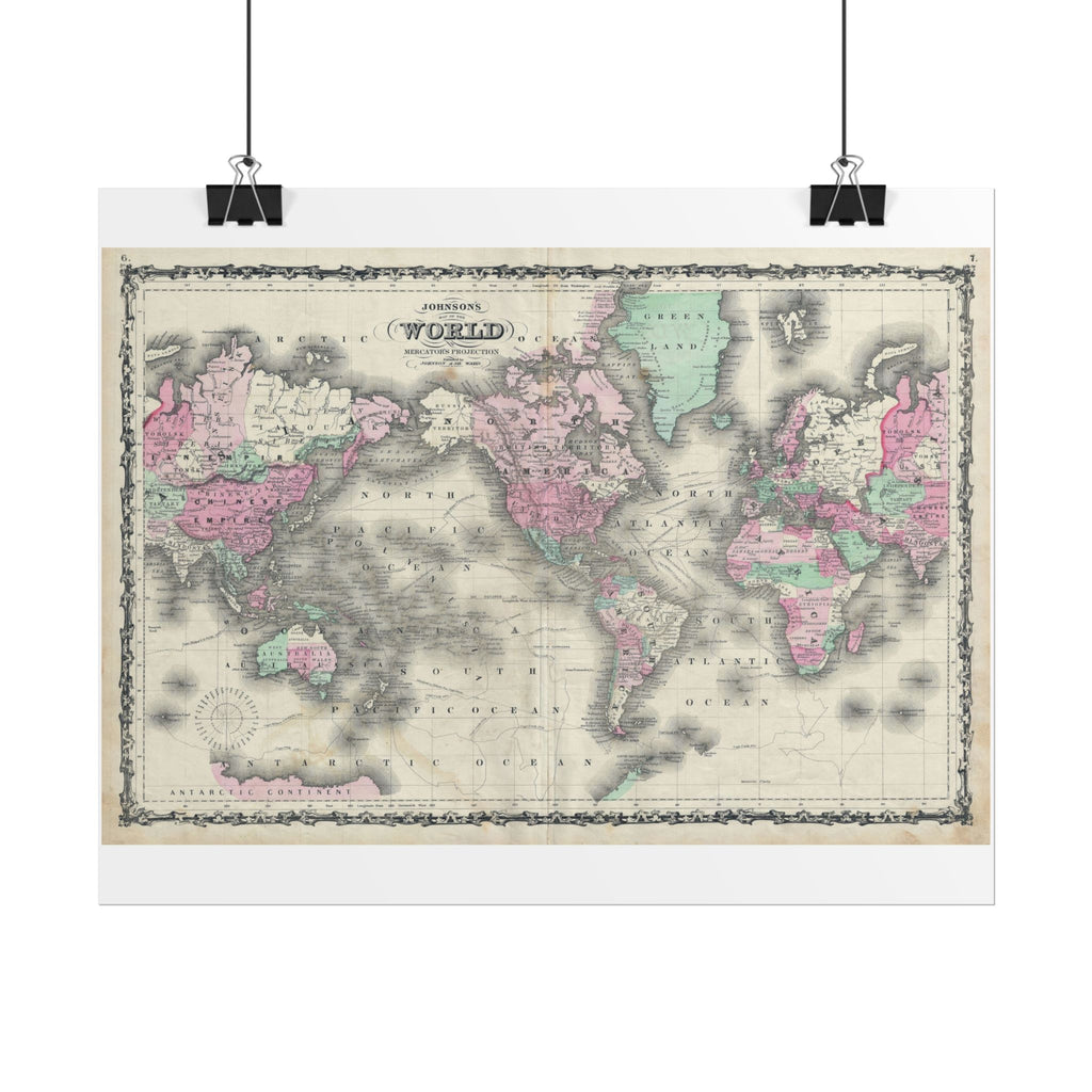 The World Atlas Mercator's Projection Historic Map (c. 1863) Rolled Poster | Antique Map Wall Art