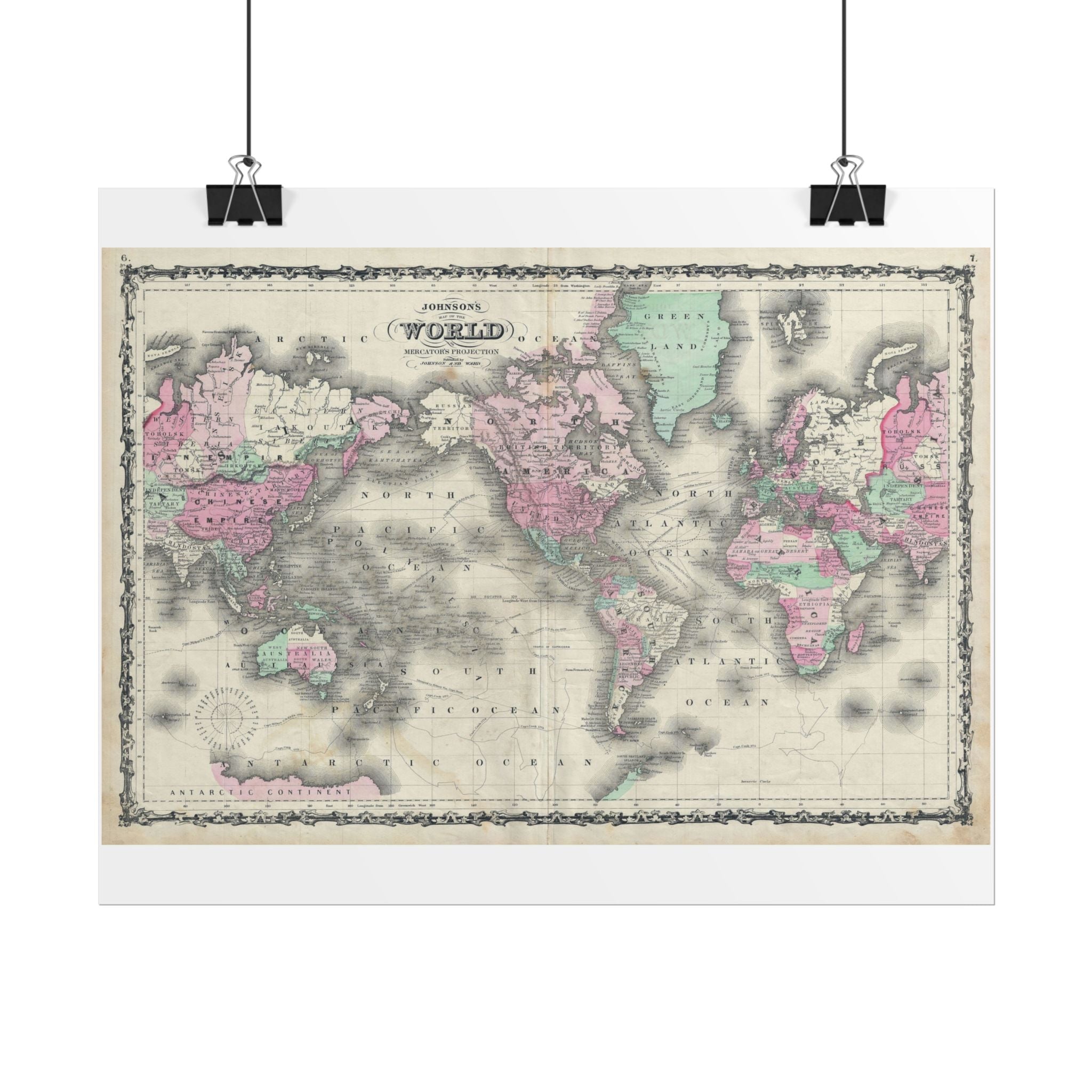 The World Atlas Mercator's Projection Historic Map (c. 1863) Rolled Poster | Antique Map Wall Art