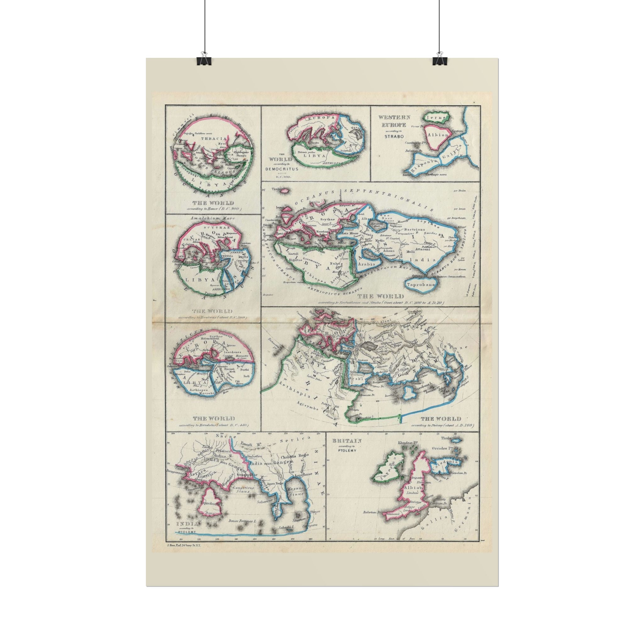 The Ancient World according to Homer, Ptolomy, Democritus, et al. Historic Map (c. 1867) Rolled Poster | Antique Map Wall Art