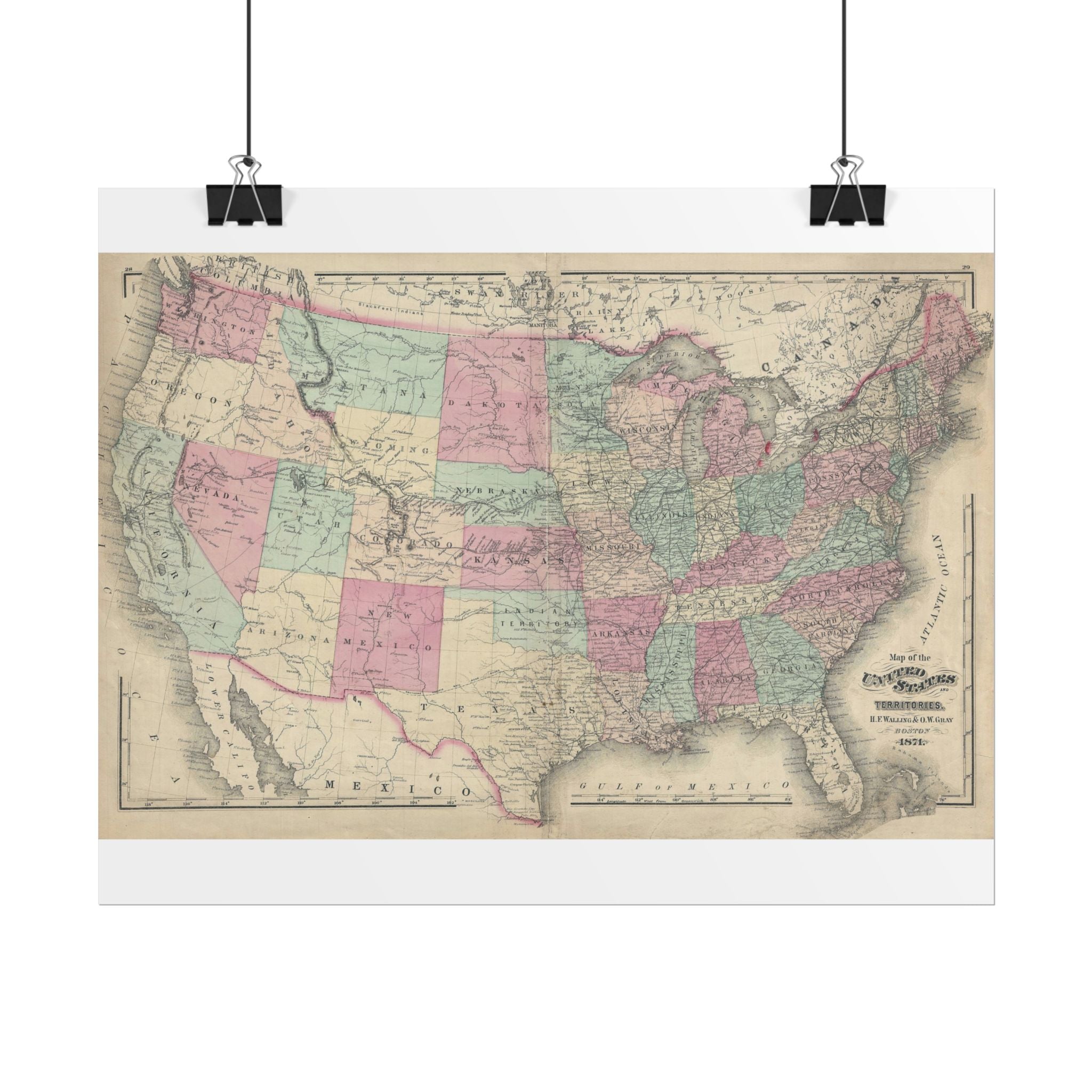 United States of America Historic Map (c. 1871) Rolled Poster | Vintage Map Wall Art