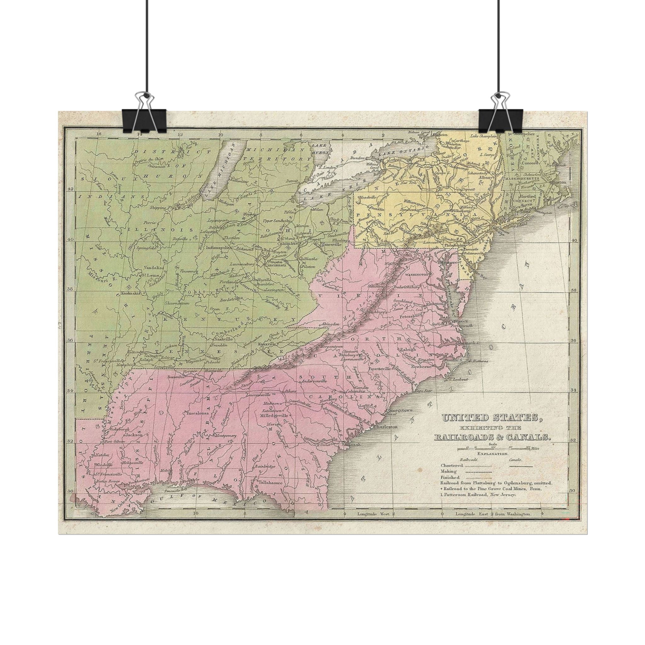 United States of America Historic Railroad Map (c. 1835) Rolled Poster | Vintage Map Wall Art