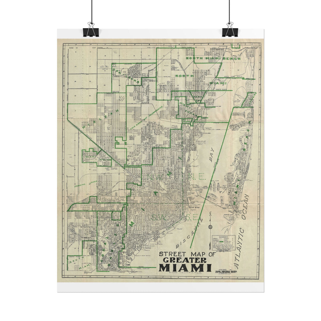 Miami, Florida (c. 1945) Historic City Map Rolled Poster | Antique Map Wall Art