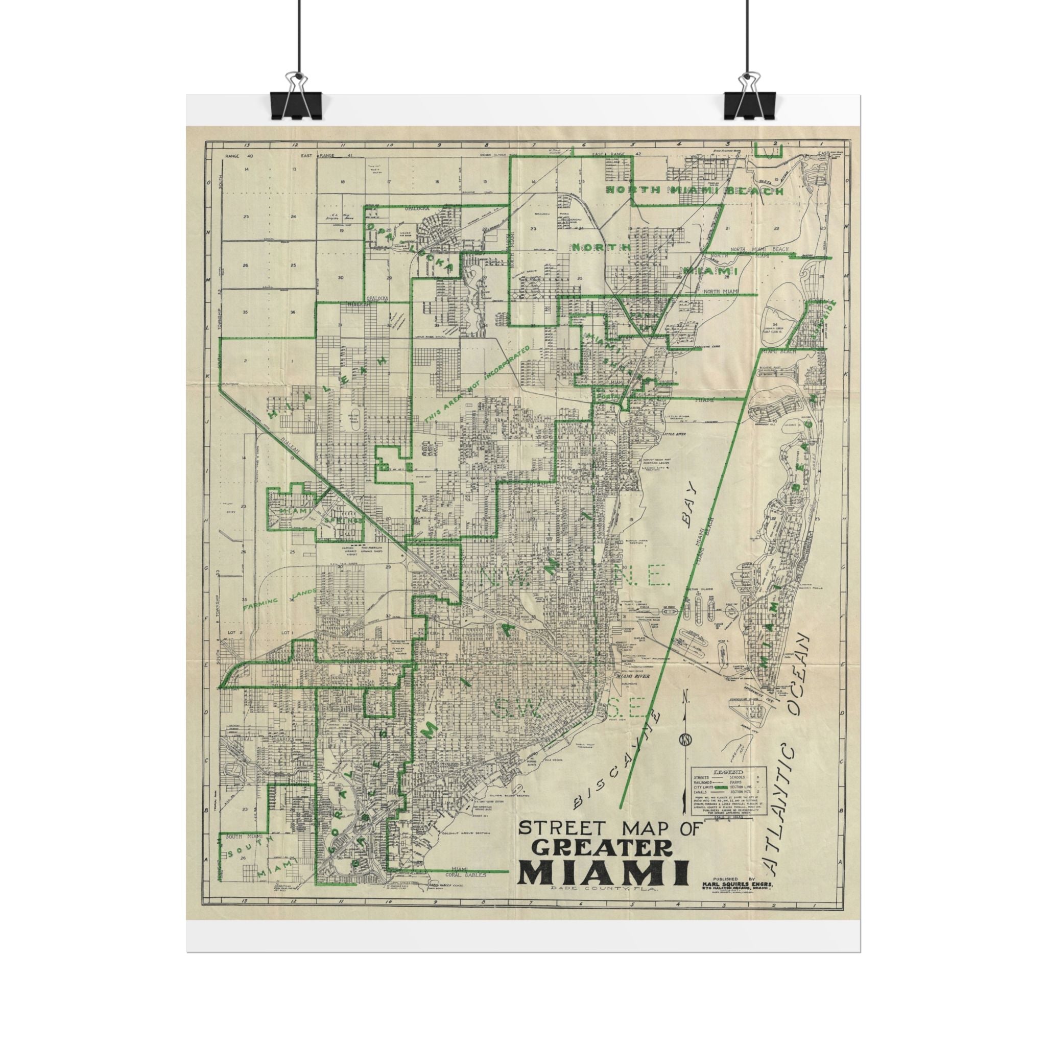 Miami, Florida (c. 1945) Historic City Map Rolled Poster | Antique Map Wall Art