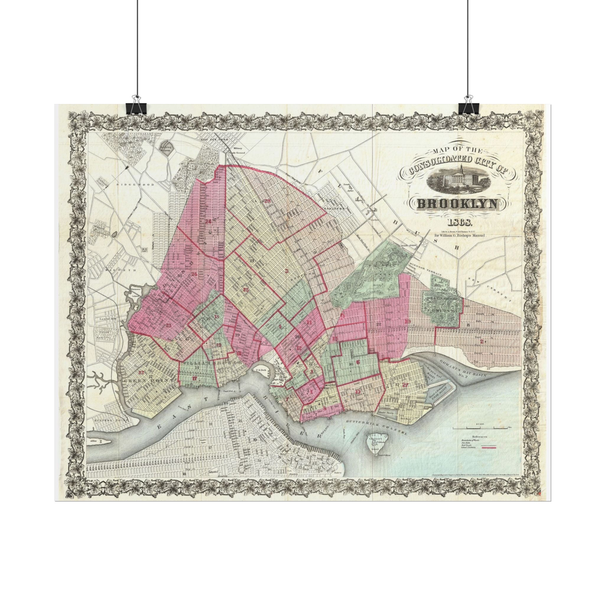 Brooklyn, New York Historic Map (c. 1868) Rolled Poster | Antique City Map Wall Art