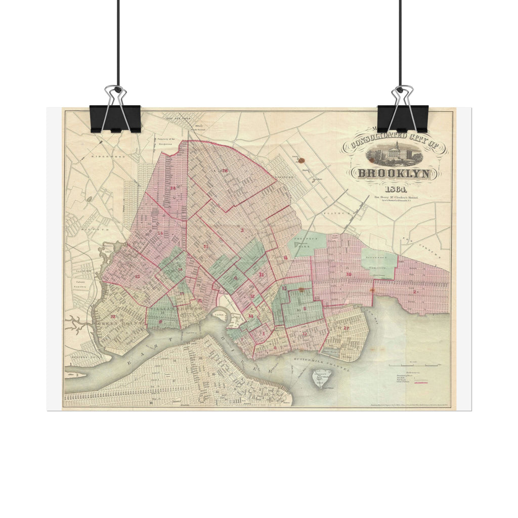 Brooklyn, New York Historic Map (c. 1864) Rolled Poster | Antique City Map Wall Art