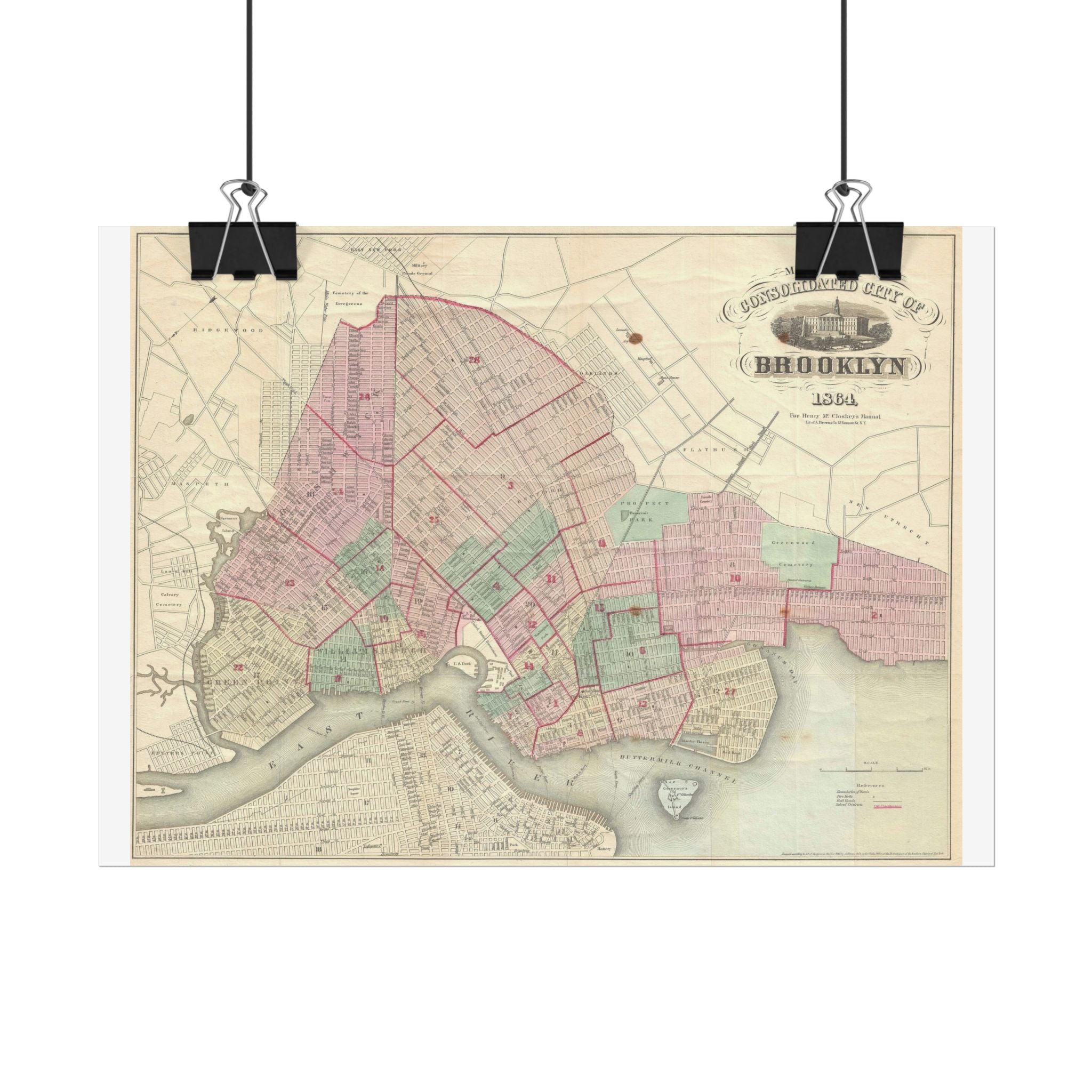 Brooklyn, New York Historic Map (c. 1864) Rolled Poster | Antique City Map Wall Art