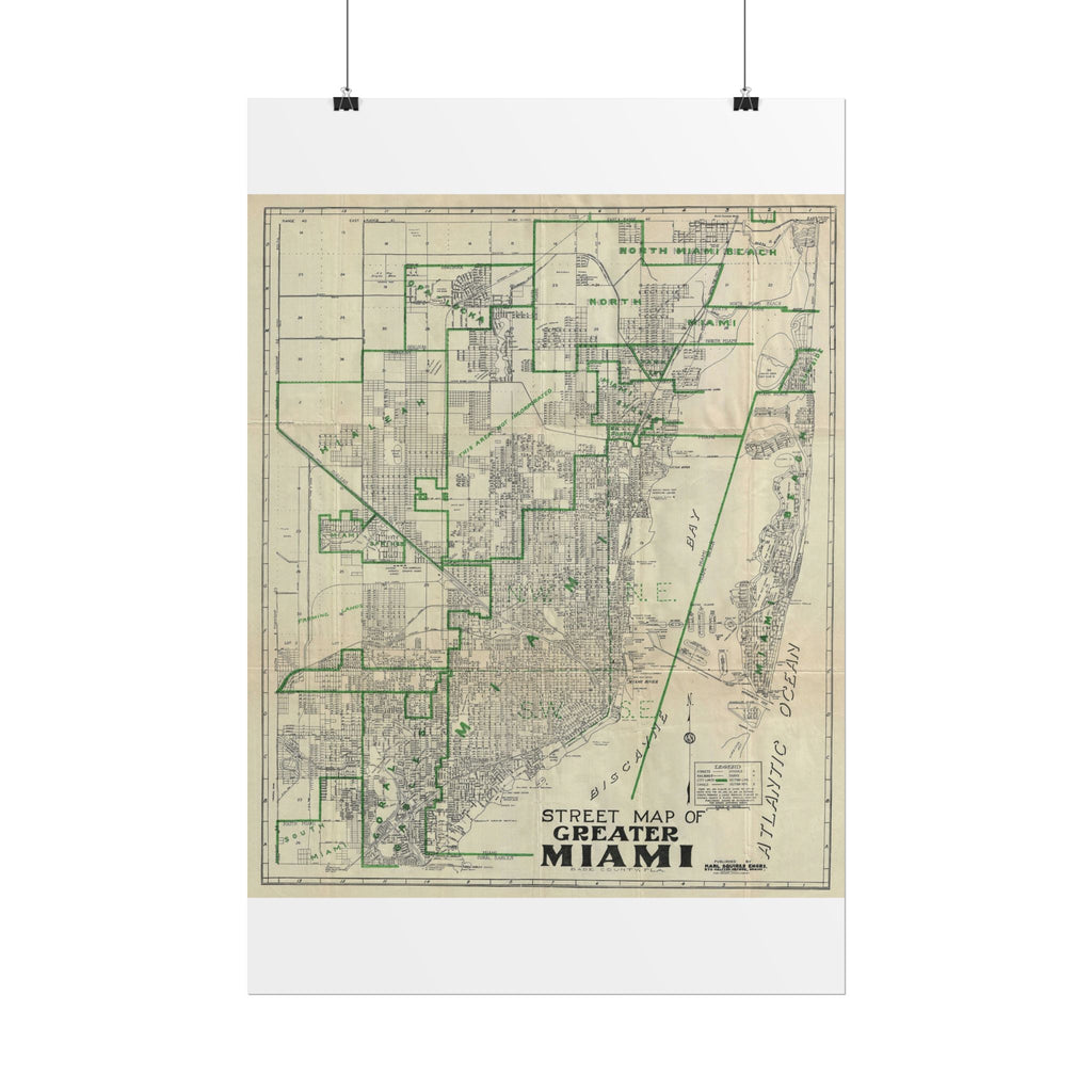Miami, Florida (c. 1945) Historic City Map Rolled Poster | Antique Map Wall Art
