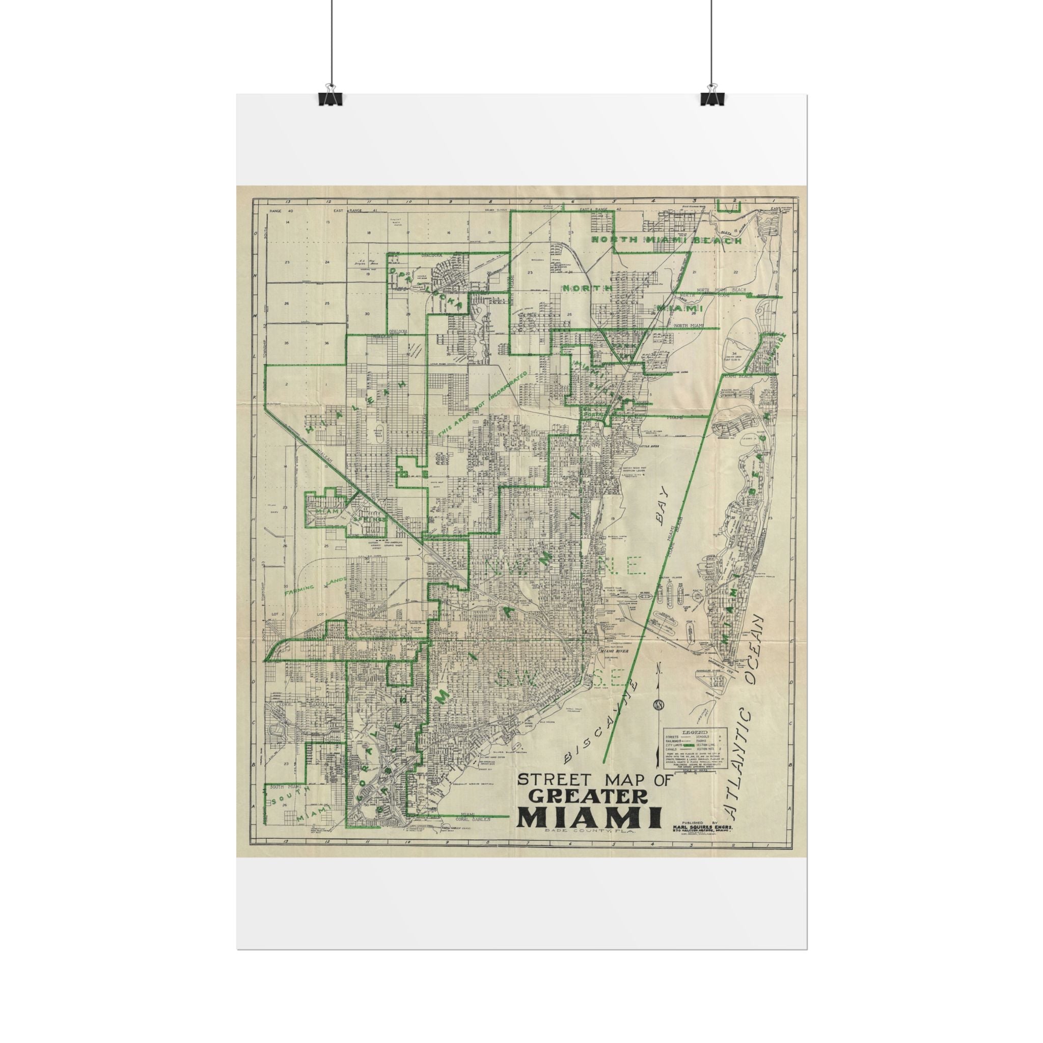 Miami, Florida (c. 1945) Historic City Map Rolled Poster | Antique Map Wall Art