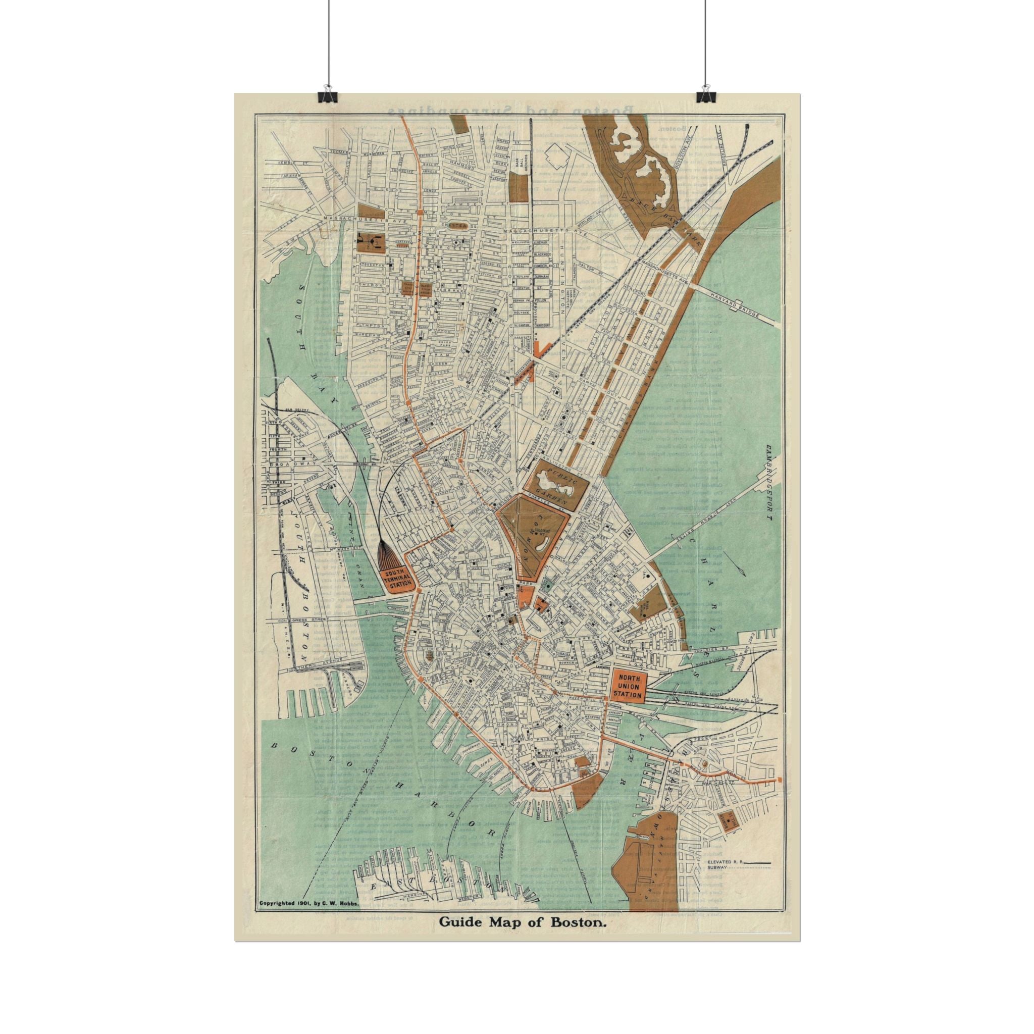 Boston, Massachusetts (c. 1901) Historic City Map Rolled Poster | Antique Map Wall Art