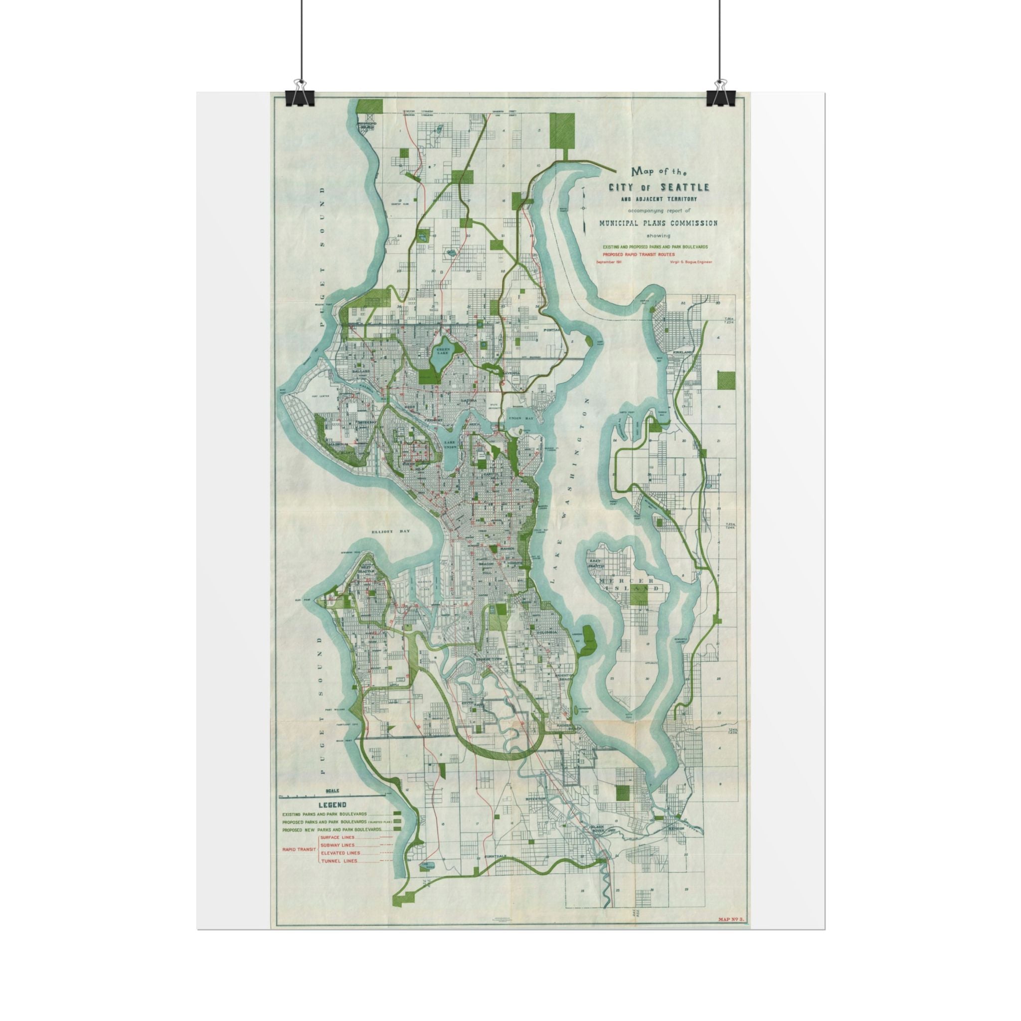 Seattle, Washington (c. 1911) Historic City Map Rolled Poster | Vintage Map Wall Art