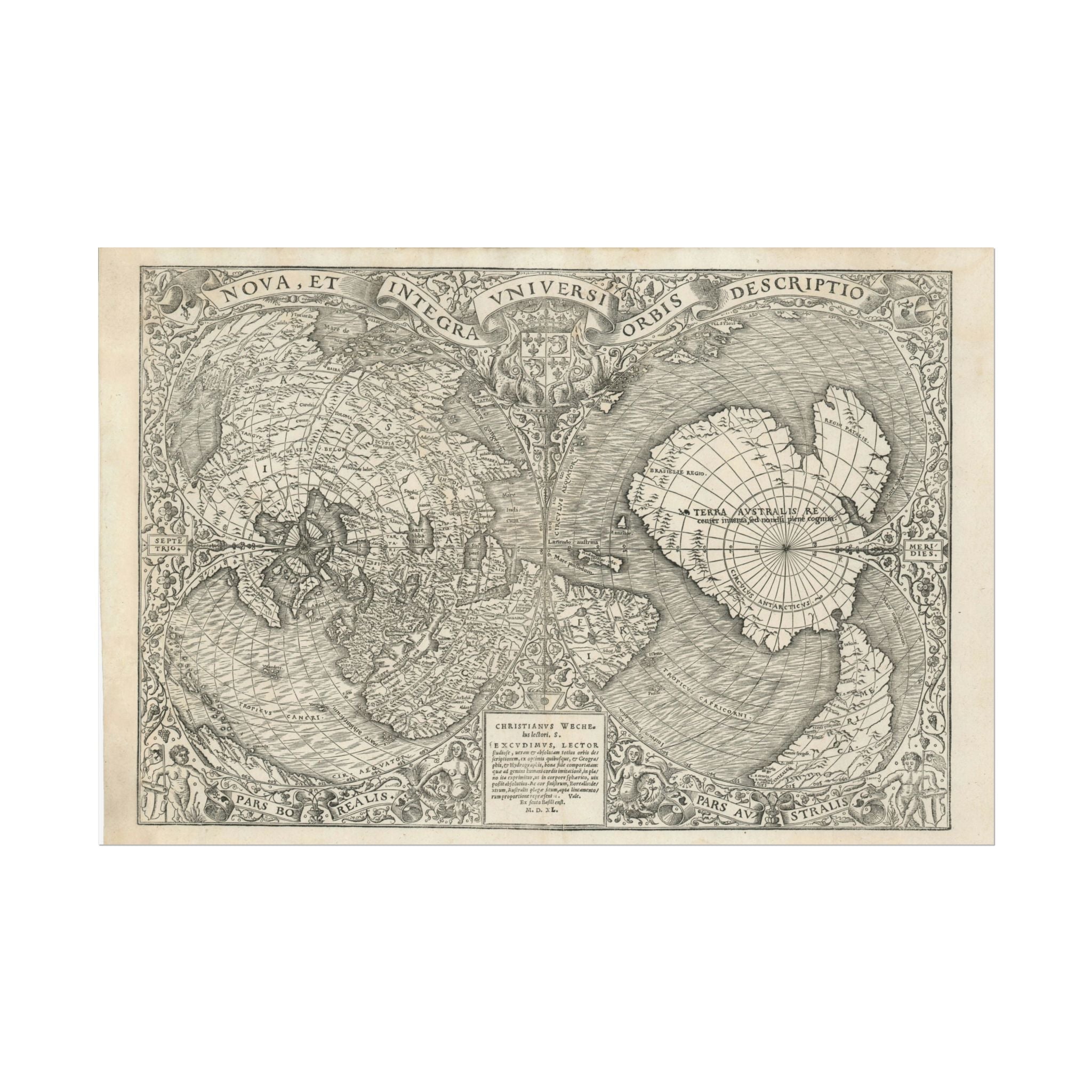 World Atlas Historic Map (c. 1540) Rolled Poster | Vintage Map Wall Art