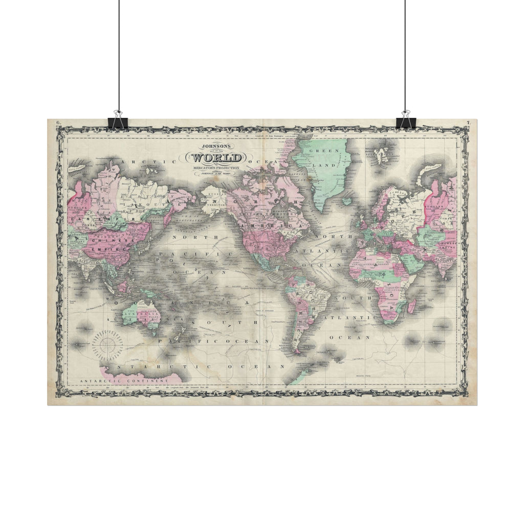 The World Atlas Mercator's Projection Historic Map (c. 1863) Rolled Poster | Antique Map Wall Art