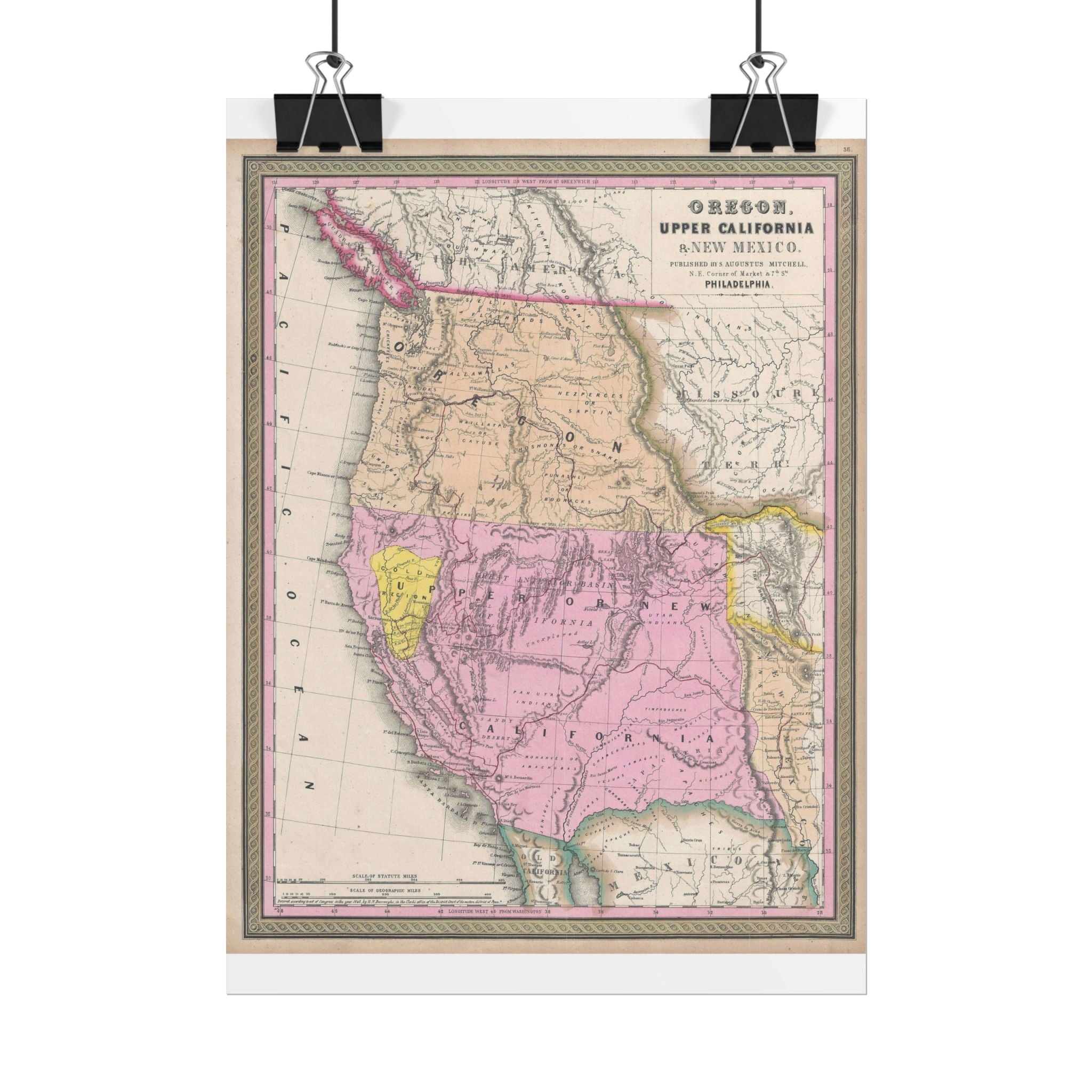 California & Oregon Gold Rush Historic Map (c. 1849) Rolled Poster | Antique State Map Wall Art