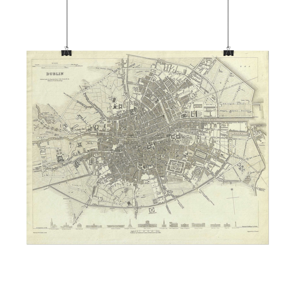 Dublin, Ireland Historic Map (c. 1836) Rolled Poster | Antique City Map Wall Art