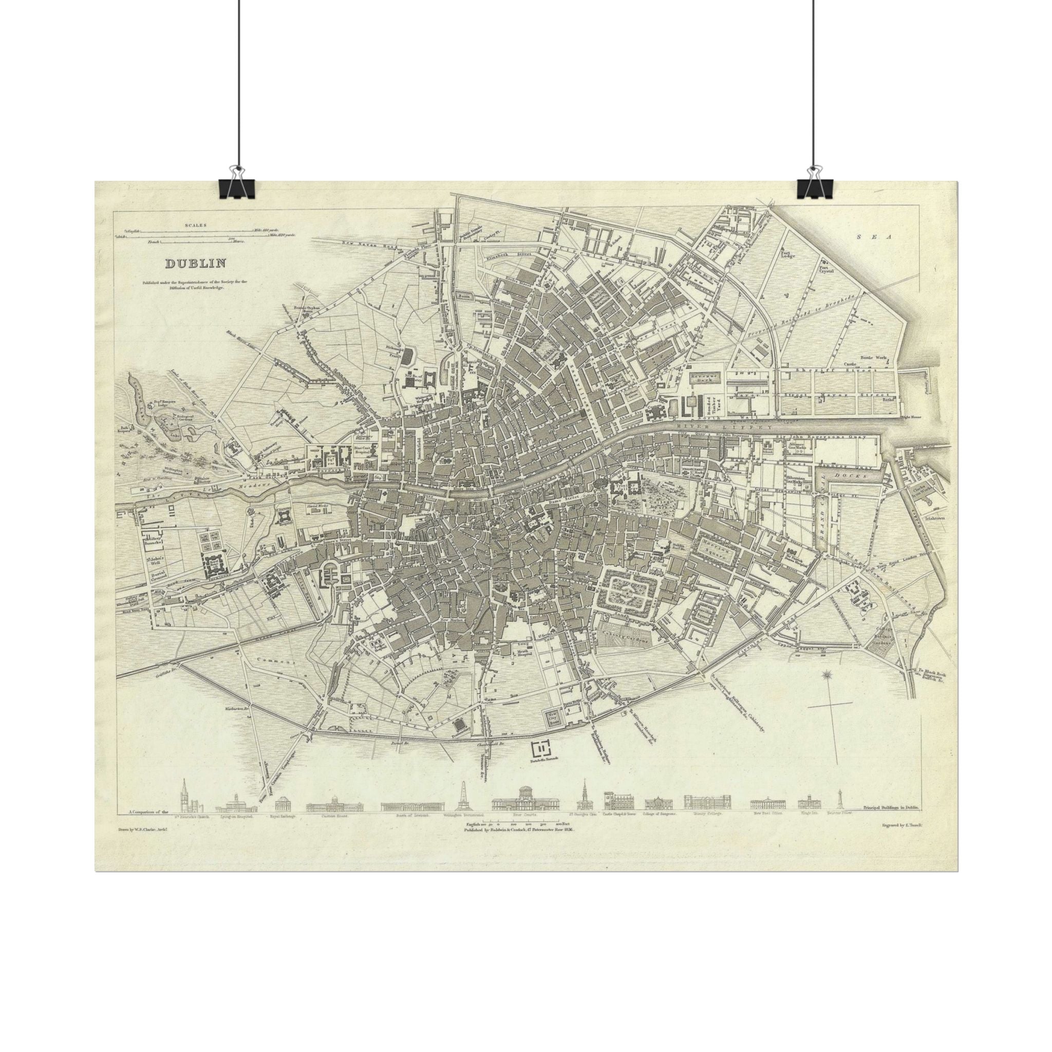 Dublin, Ireland Historic Map (c. 1836) Rolled Poster | Antique City Map Wall Art