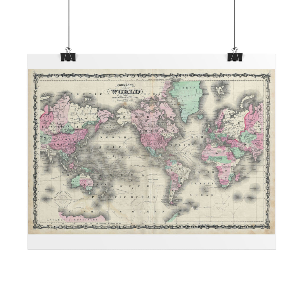 The World Atlas Mercator's Projection Historic Map (c. 1863) Rolled Poster | Antique Map Wall Art