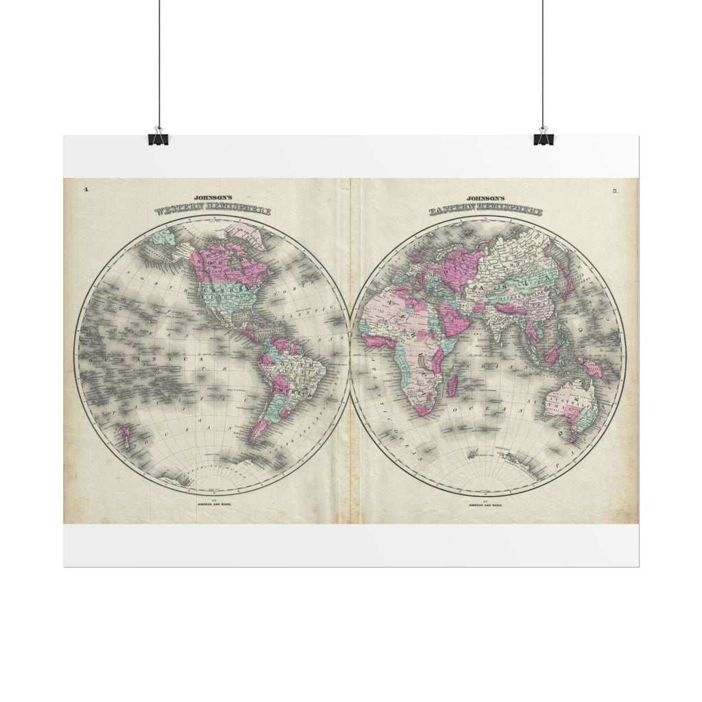 The World Atlas Hemispheres Historic Map (c. 1863) Rolled Poster | Antique Map Wall Art