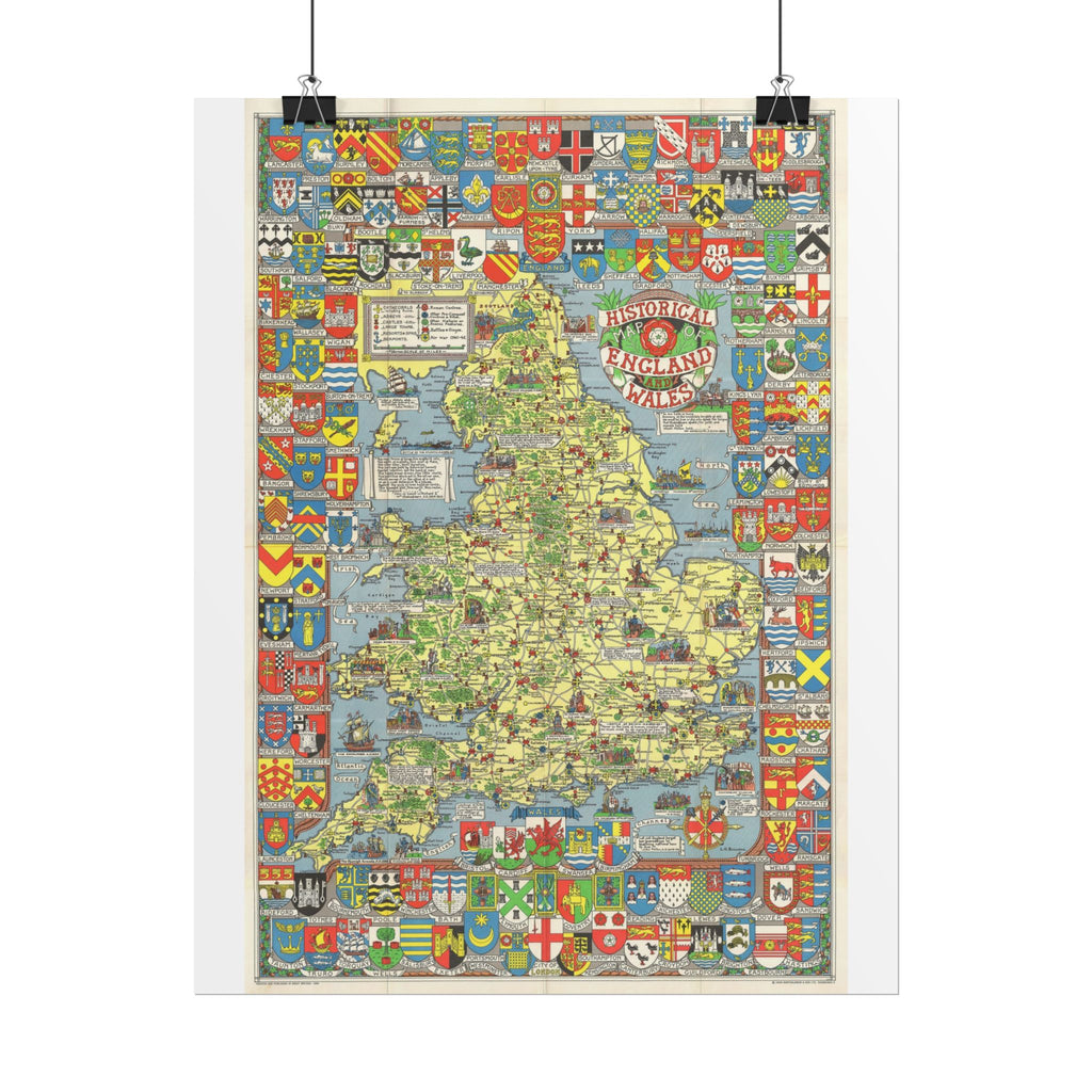 England & Wales Historic Pictorial Map (c. 1963) Rolled Poster | Vintage Map Wall Art