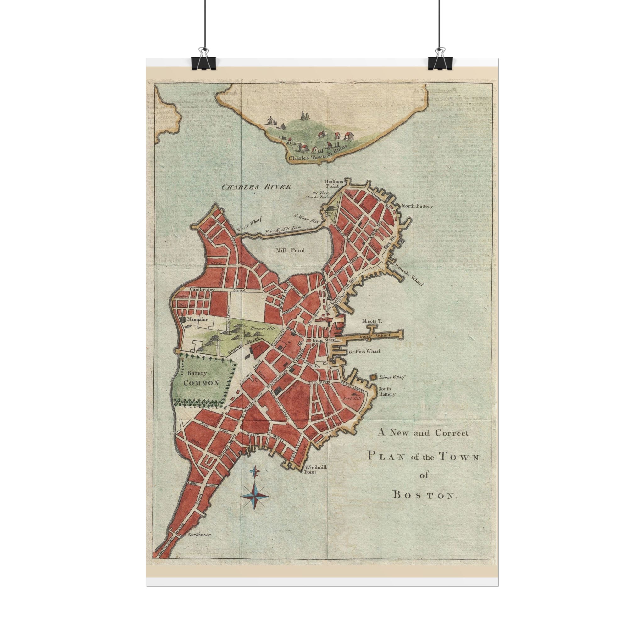 Boston, Massachusetts (c. 1775) Historic City Map Rolled Poster | Vintage Map Wall Art