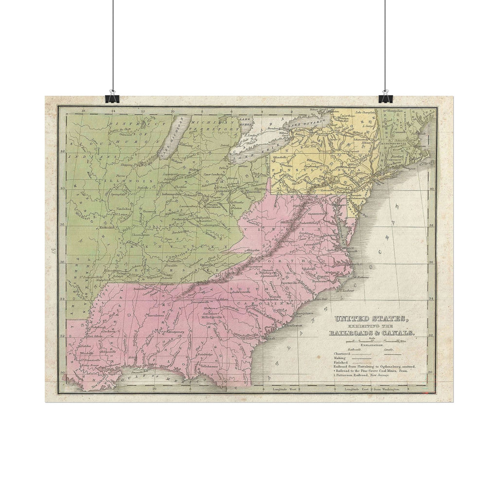 United States of America Historic Railroad Map (c. 1835) Rolled Poster | Vintage Map Wall Art