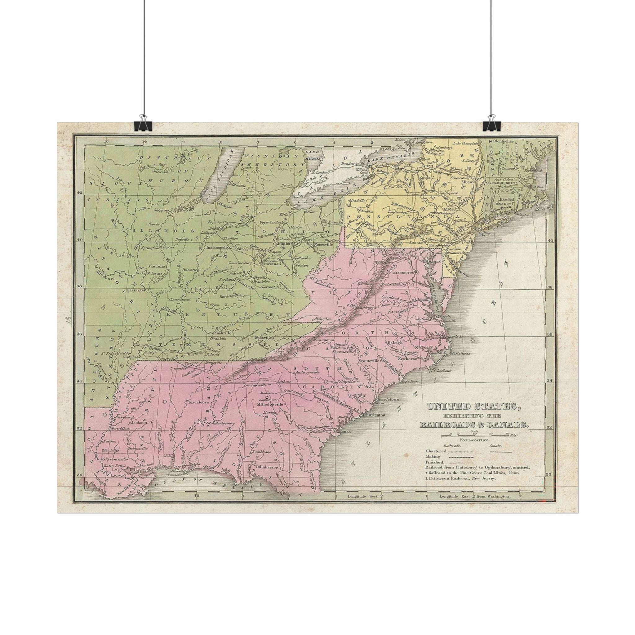 United States of America Historic Railroad Map (c. 1835) Rolled Poster | Vintage Map Wall Art