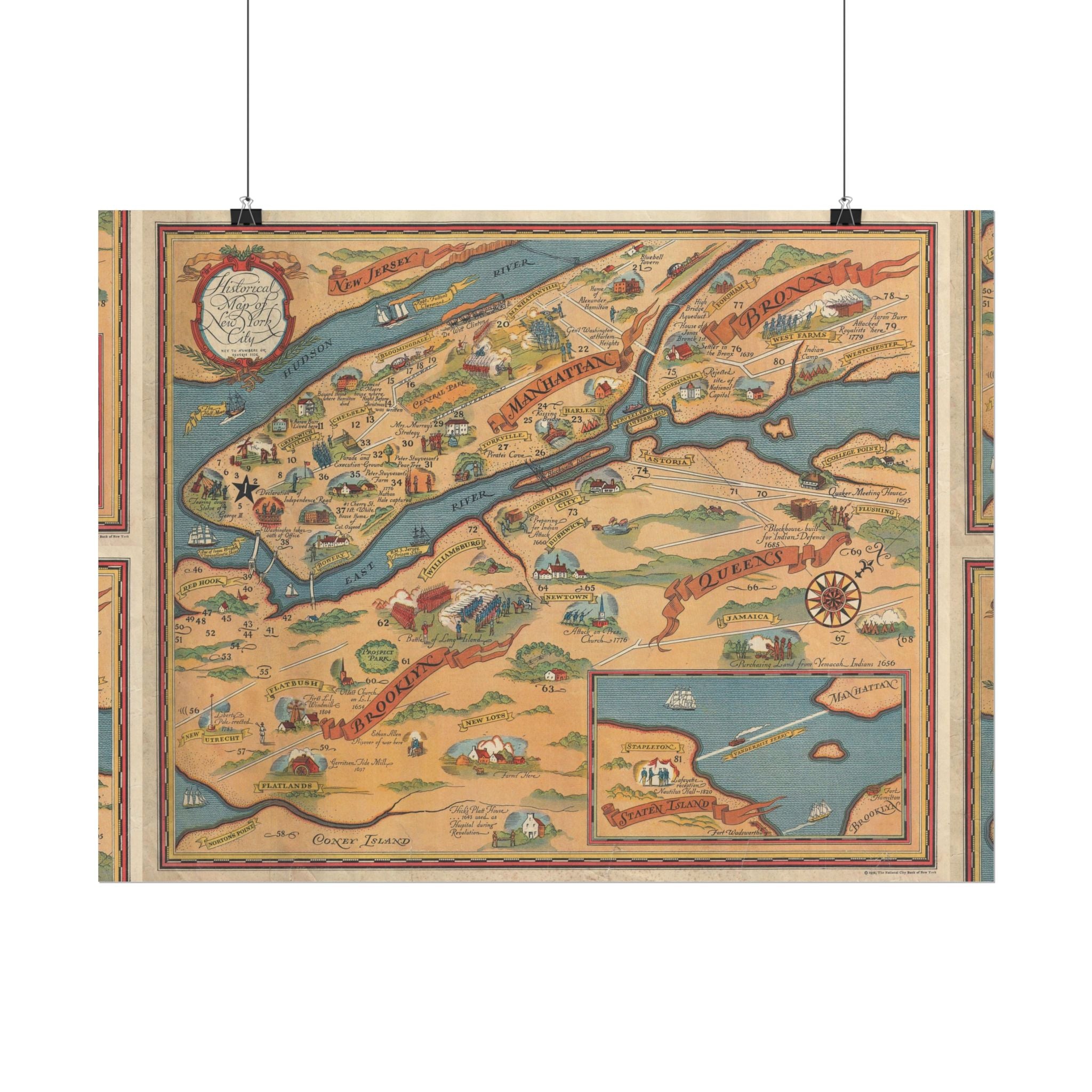 New York City, New York Historic Map (c. 1932) Rolled Poster | Antique City Map Wall Art