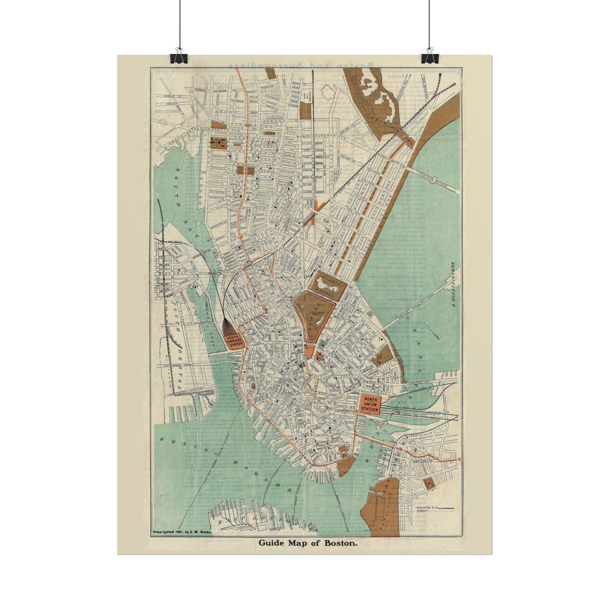 Boston, Massachusetts (c. 1901) Historic City Map Rolled Poster | Antique Map Wall Art