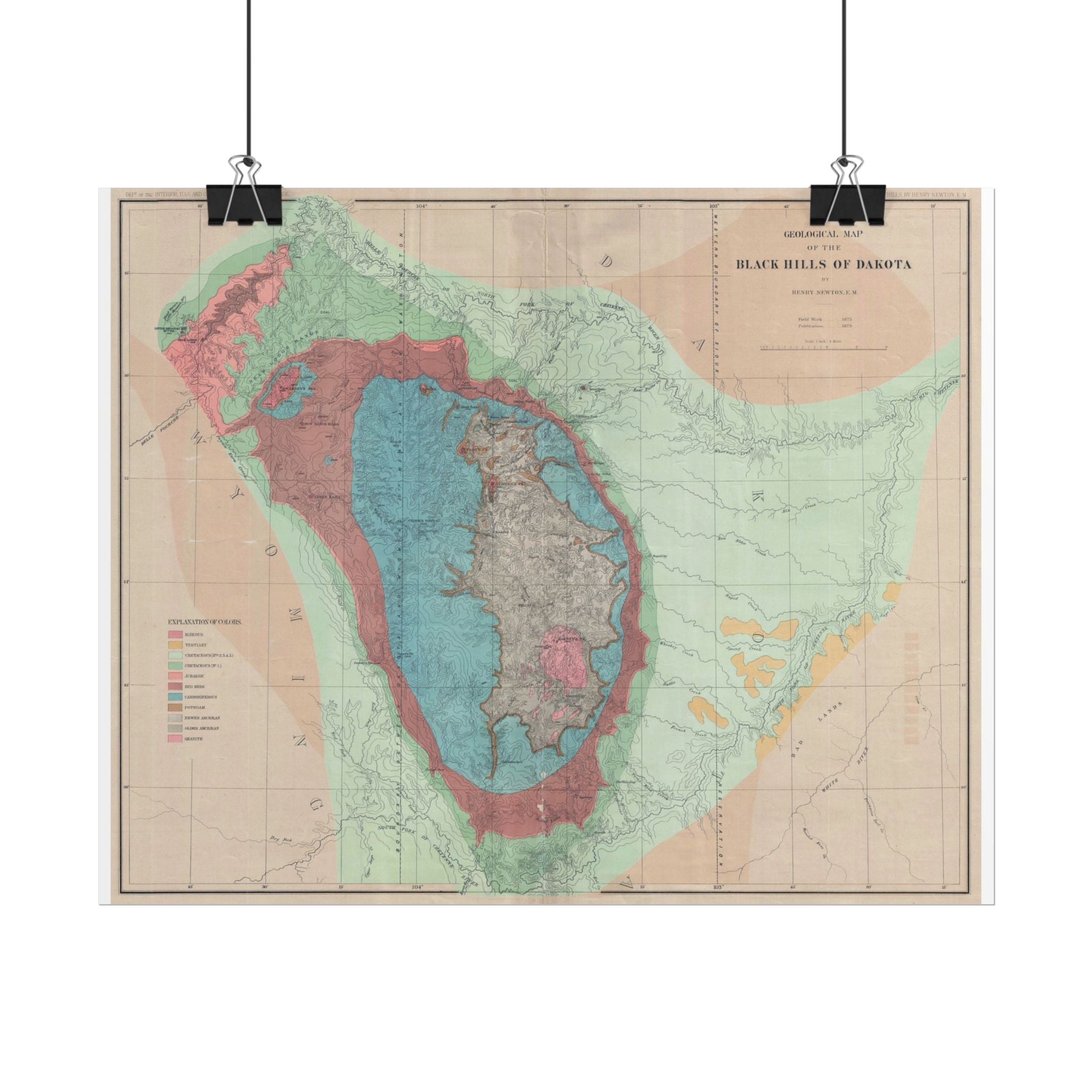 Black Hills, South Dakota Geologic Survey (c. 1879) Historic Map Rolled Poster | Vintage Map Wall Art