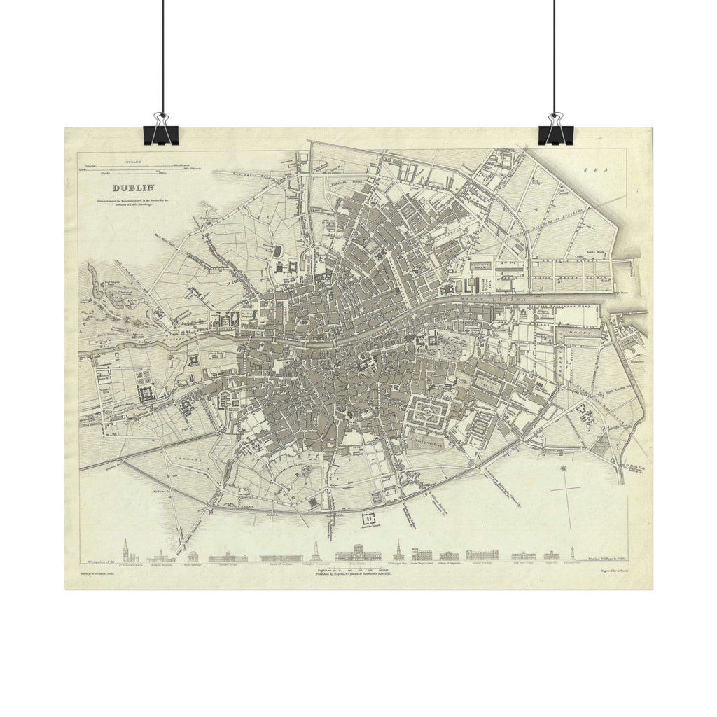 Dublin, Ireland Historic Map (c. 1836) Rolled Poster | Antique City Map Wall Art