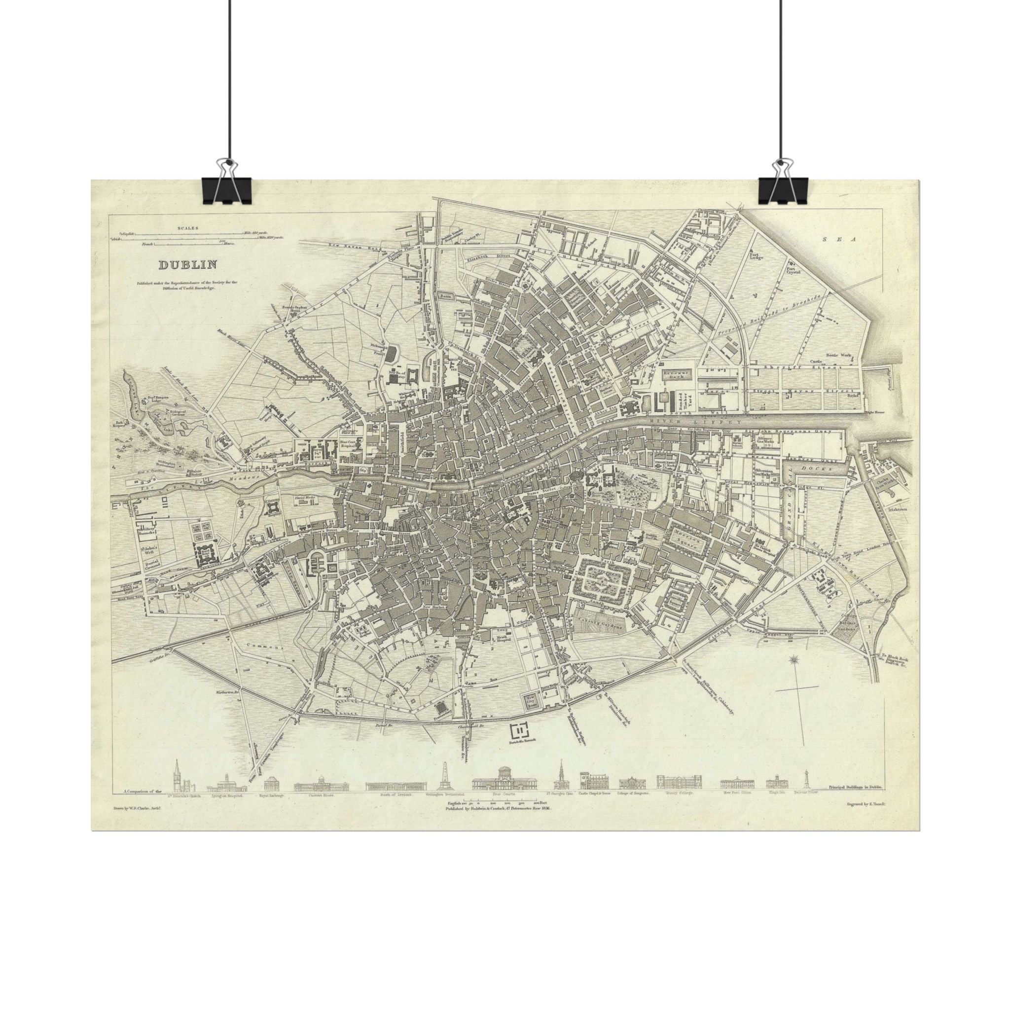 Dublin, Ireland Historic Map (c. 1836) Rolled Poster | Antique City Map Wall Art
