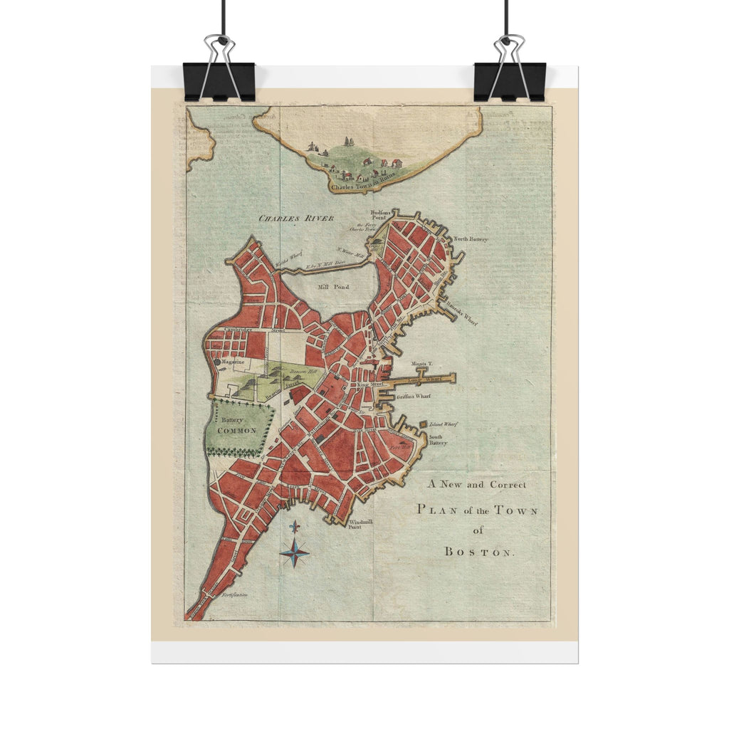 Boston, Massachusetts (c. 1775) Historic City Map Rolled Poster | Vintage Map Wall Art