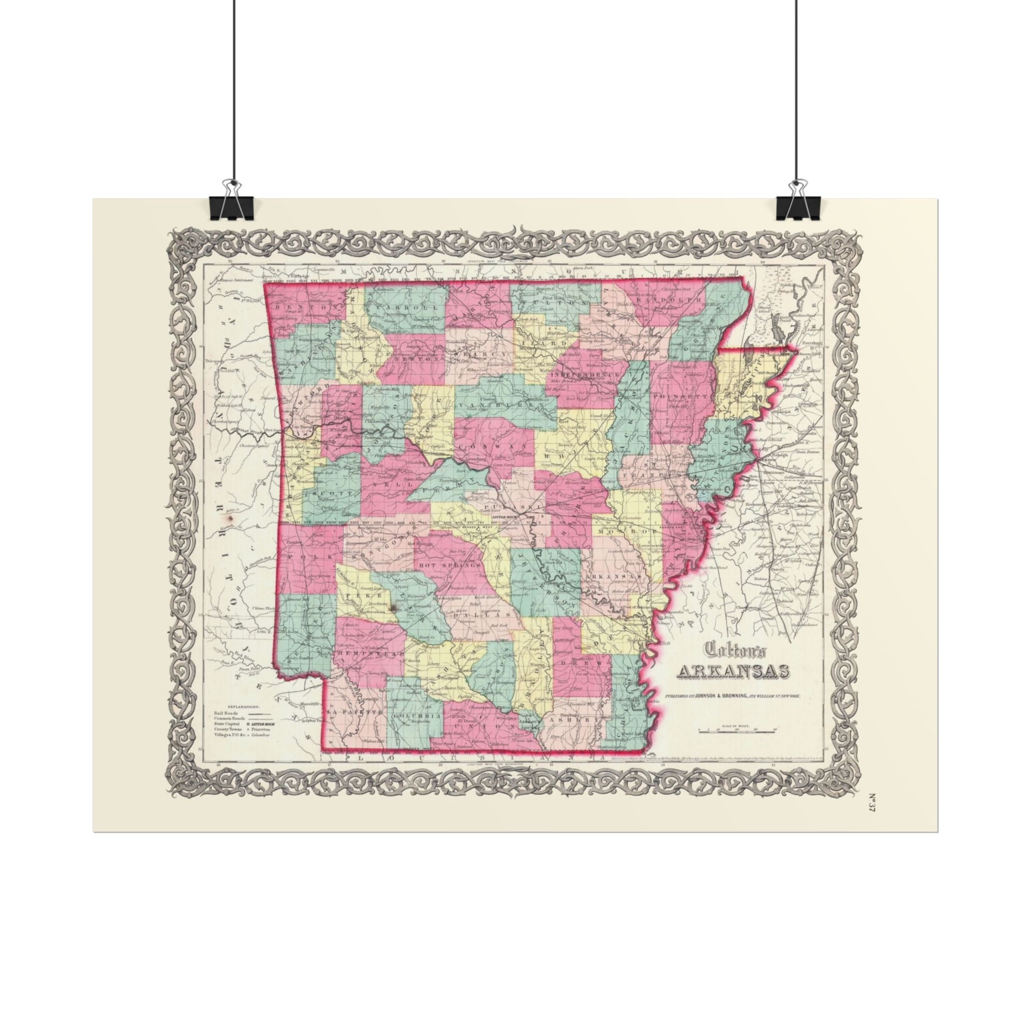 Arkansas Historic Map (c. 1860) Rolled Poster | Antique State Map Wall Art