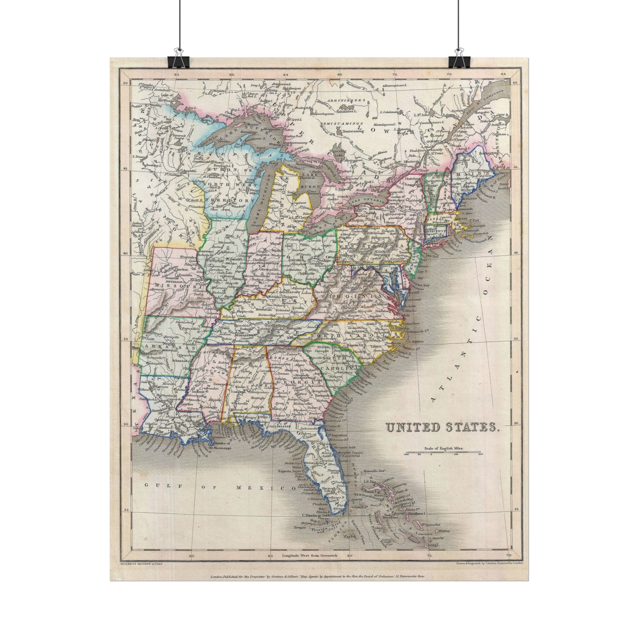 United States of America Historic Map (c. 1843) Rolled Poster | Vintage Map Wall Art