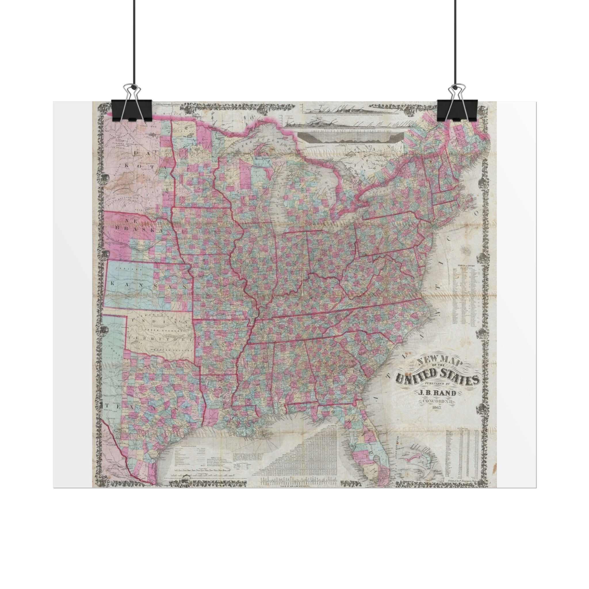 United States of America Historic Map (c. 1867) Rolled Poster | Vintage Map Wall Art