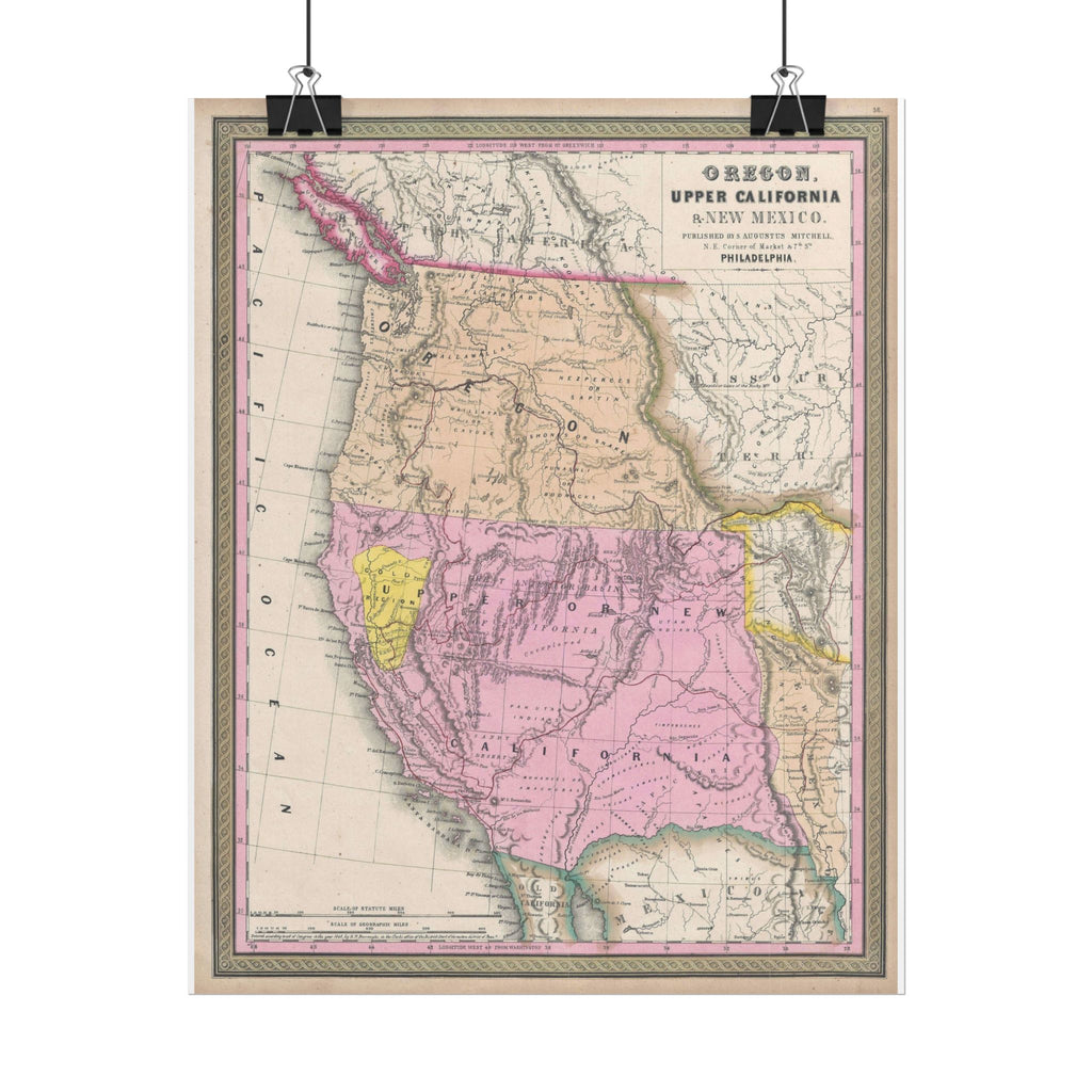 California & Oregon Gold Rush Historic Map (c. 1849) Rolled Poster | Antique State Map Wall Art
