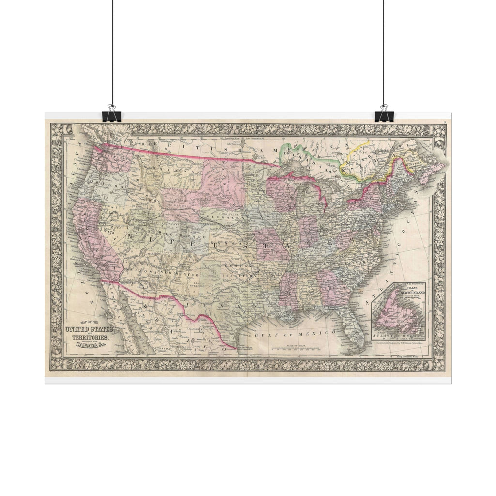 United States of America Historic Map (c. 1866) Rolled Poster | Vintage Map Wall Art